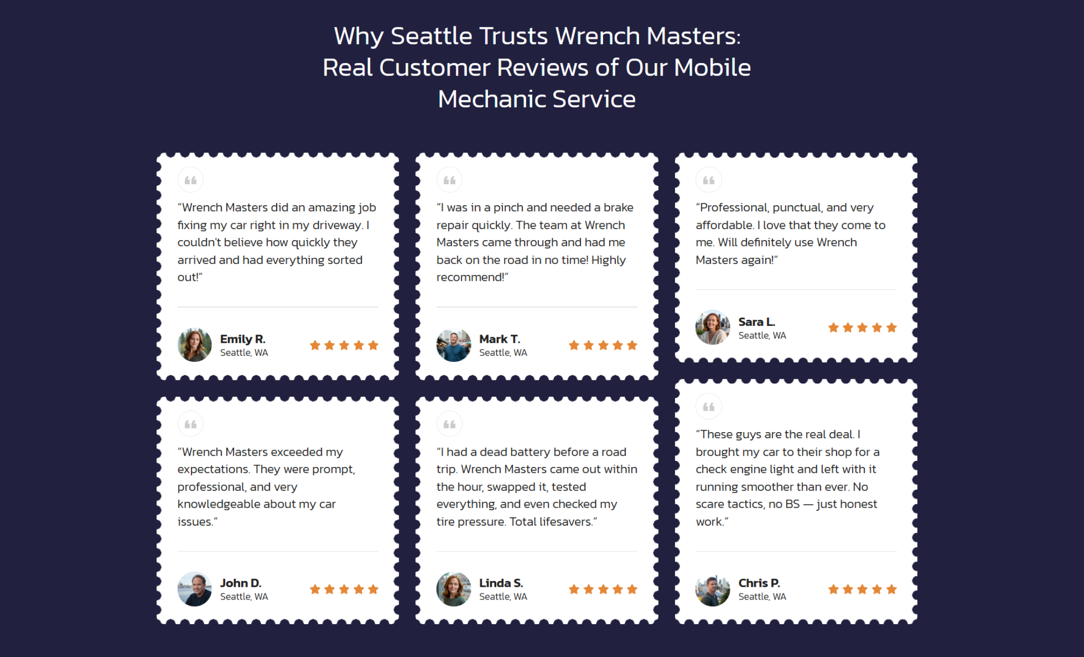 Wrench Masters testimonials section with a navy background, white headline “Why Seattle Trusts Wrench Masters: Real Customer Reviews of Our Mobile Mechanic Service,” and six bordered review cards with star ratings and customer quotes
