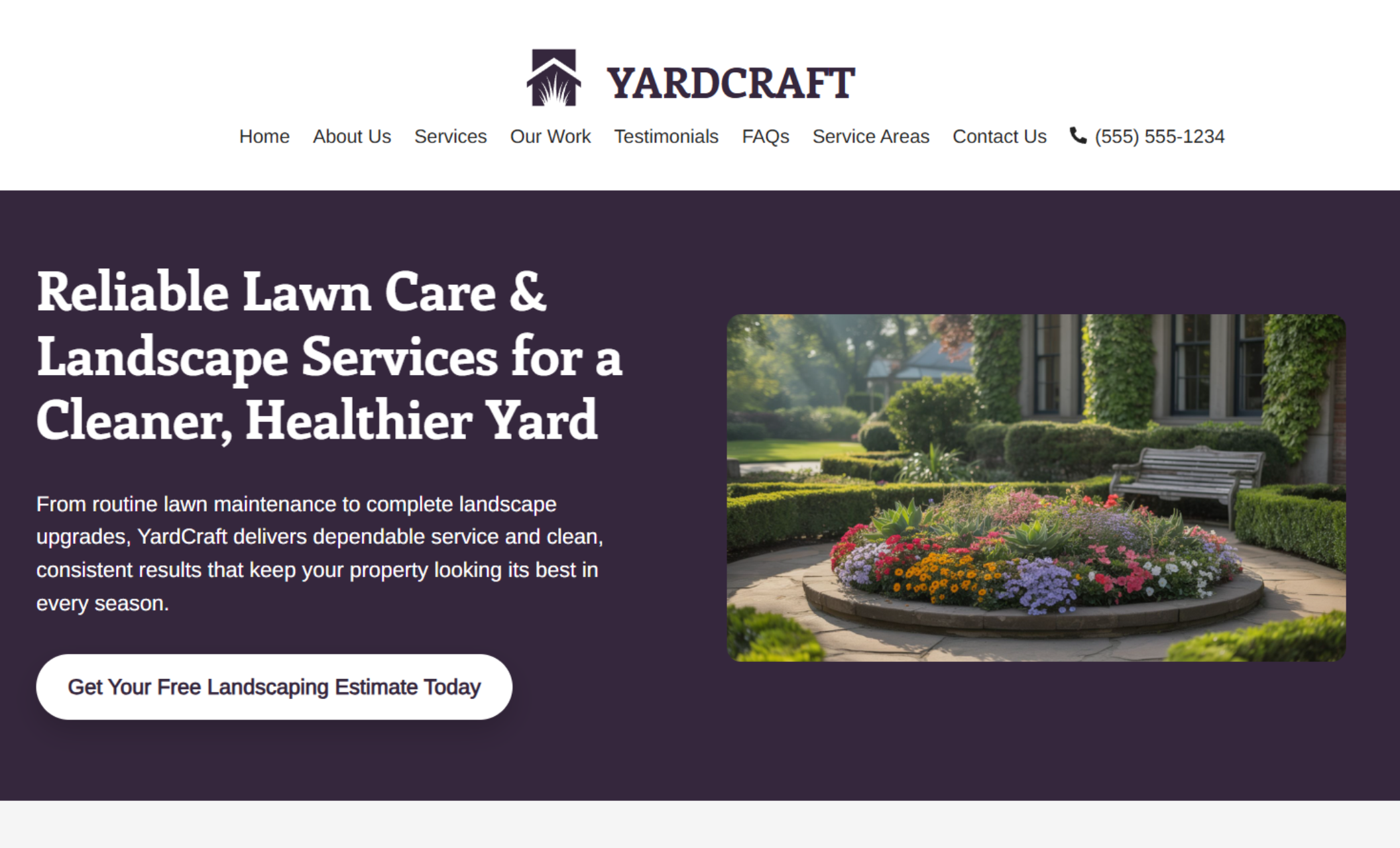 YardCraft homepage hero featuring a deep purple banner with the headline “Reliable Lawn Care & Landscape Services for a Cleaner, Healthier Yard,” a garden bed image to the right, and a white “Get Your Free Landscaping Estimate Today” button