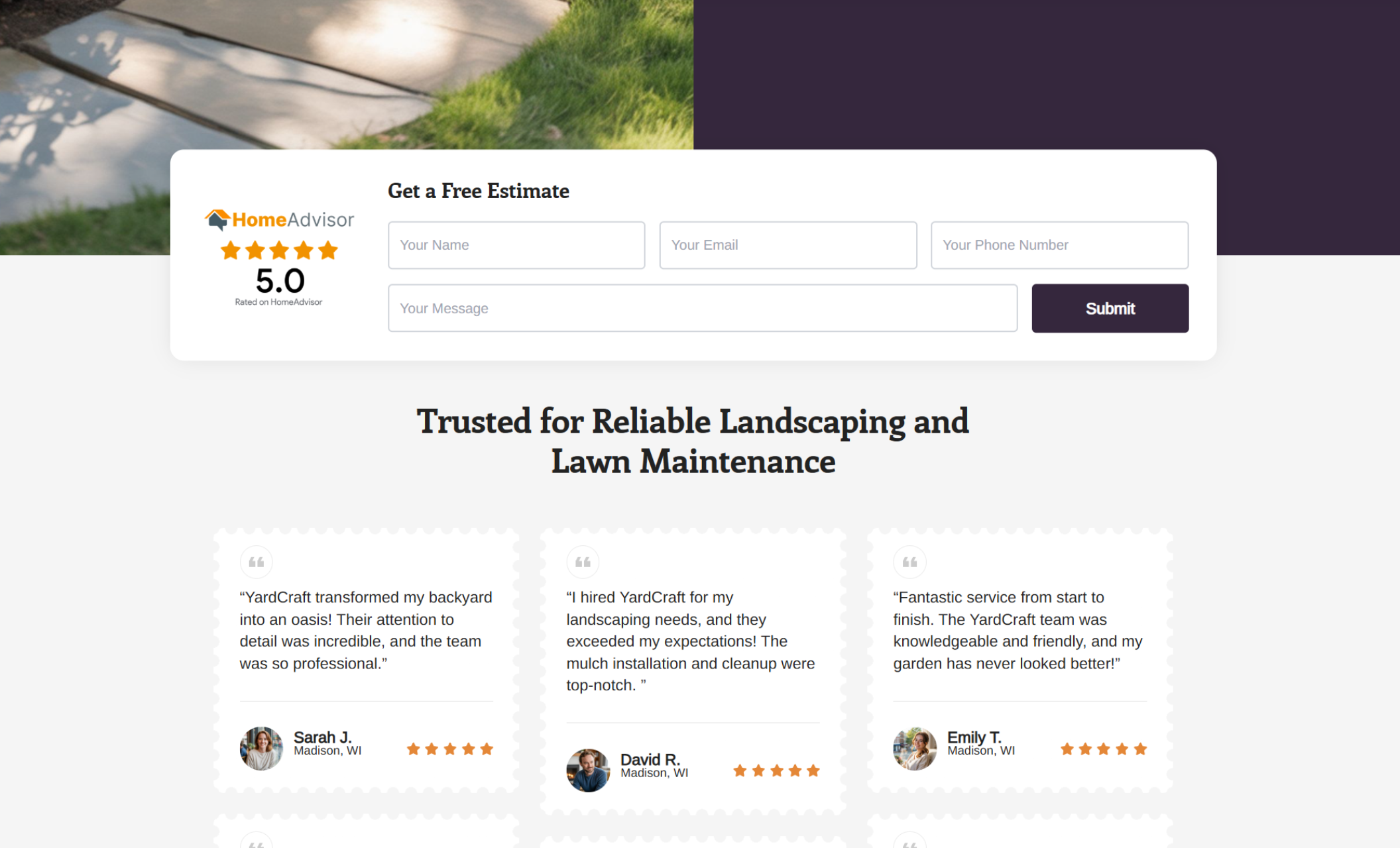 YardCraft testimonials and process section displaying a “Get a Free Estimate” form with a 5.0 HomeAdvisor rating above customer reviews, followed by a three-step lawn care process with circular images and brief descriptions