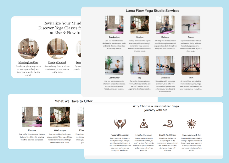 A collage of services section generated by Zarla showing different styles of service items, all having a picture, a title, and a brief description
