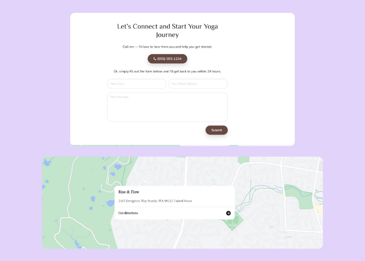 A screenshot of a header with navigation pills with contact number, a blue-colored primary button with contact number, and a 2D depiction of a map with a business address in the center