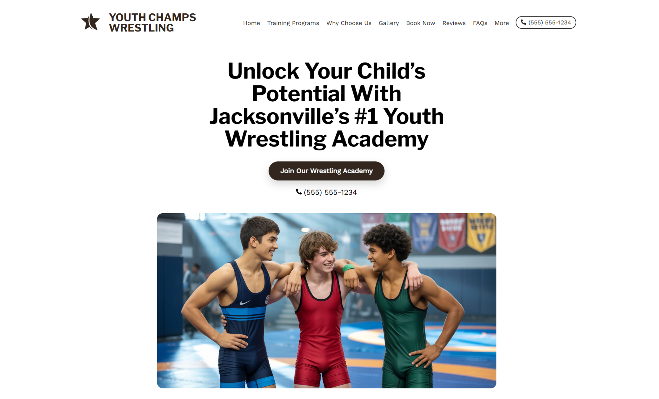 Youth Champs Wrestling homepage hero featuring three teen wrestlers in colorful singlets laughing together on the mat beneath the headline ‘Unlock Your Child’s Potential With Jacksonville’s #1 Youth Wrestling Academy.’