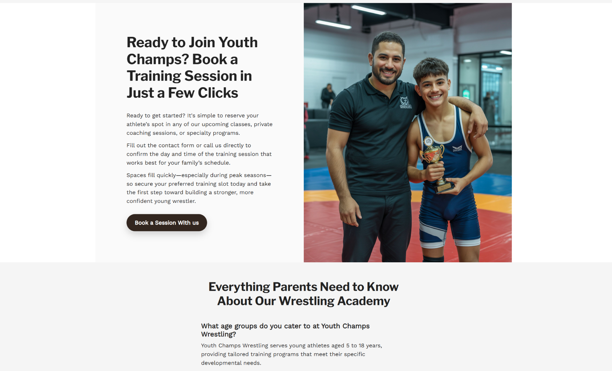 Youth Champs Wrestling booking section displaying a smiling coach with his arm around a young athlete holding a trophy beside the headline ‘Ready to Join Youth Champs? Book a Training Session in Just a Few Clicks’ and a button labeled ‘Book a Session With Us.’