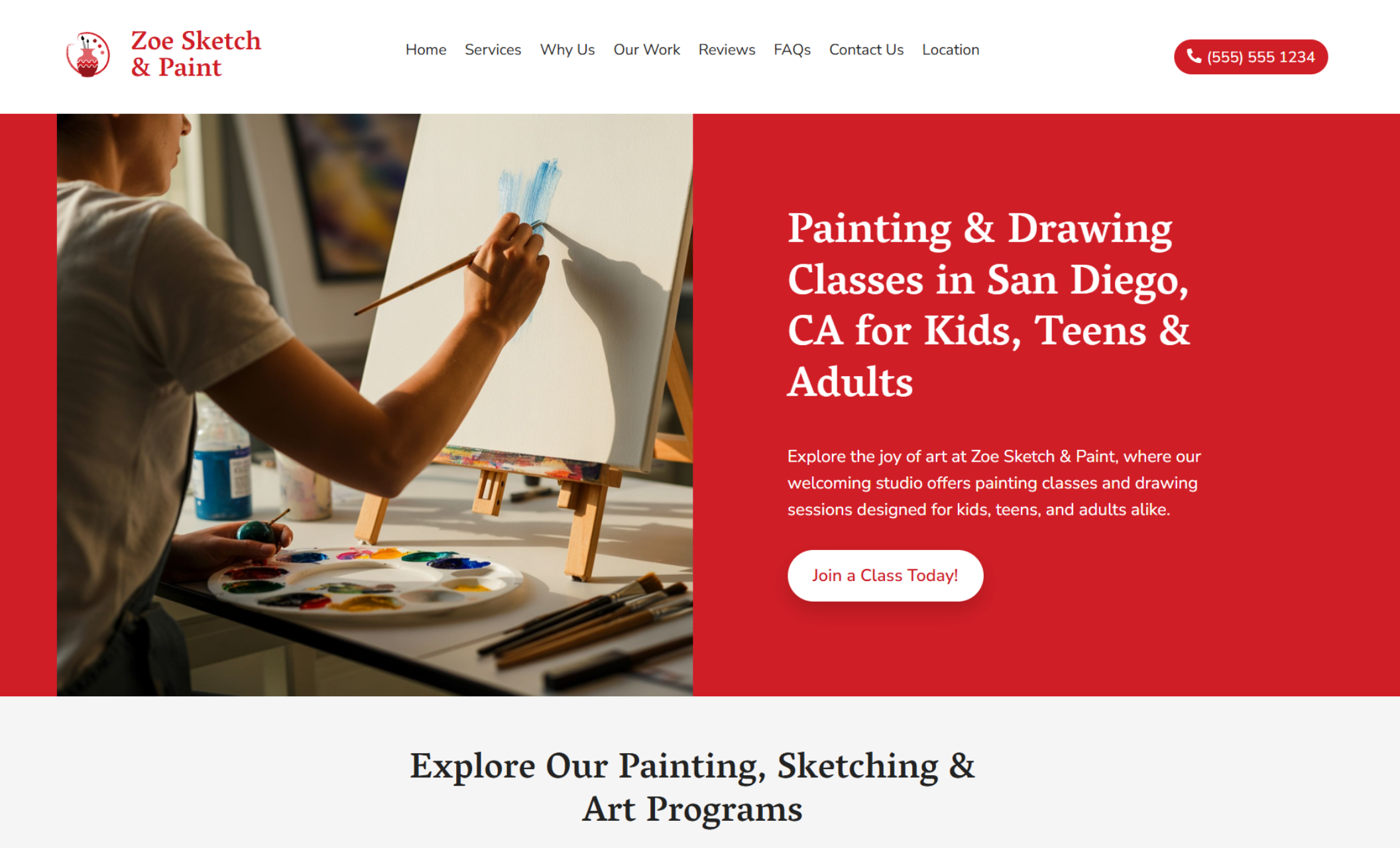 Zoe Sketch & Paint homepage featuring a painter working on a canvas beside a bold red panel with the headline about painting and drawing classes in San Diego