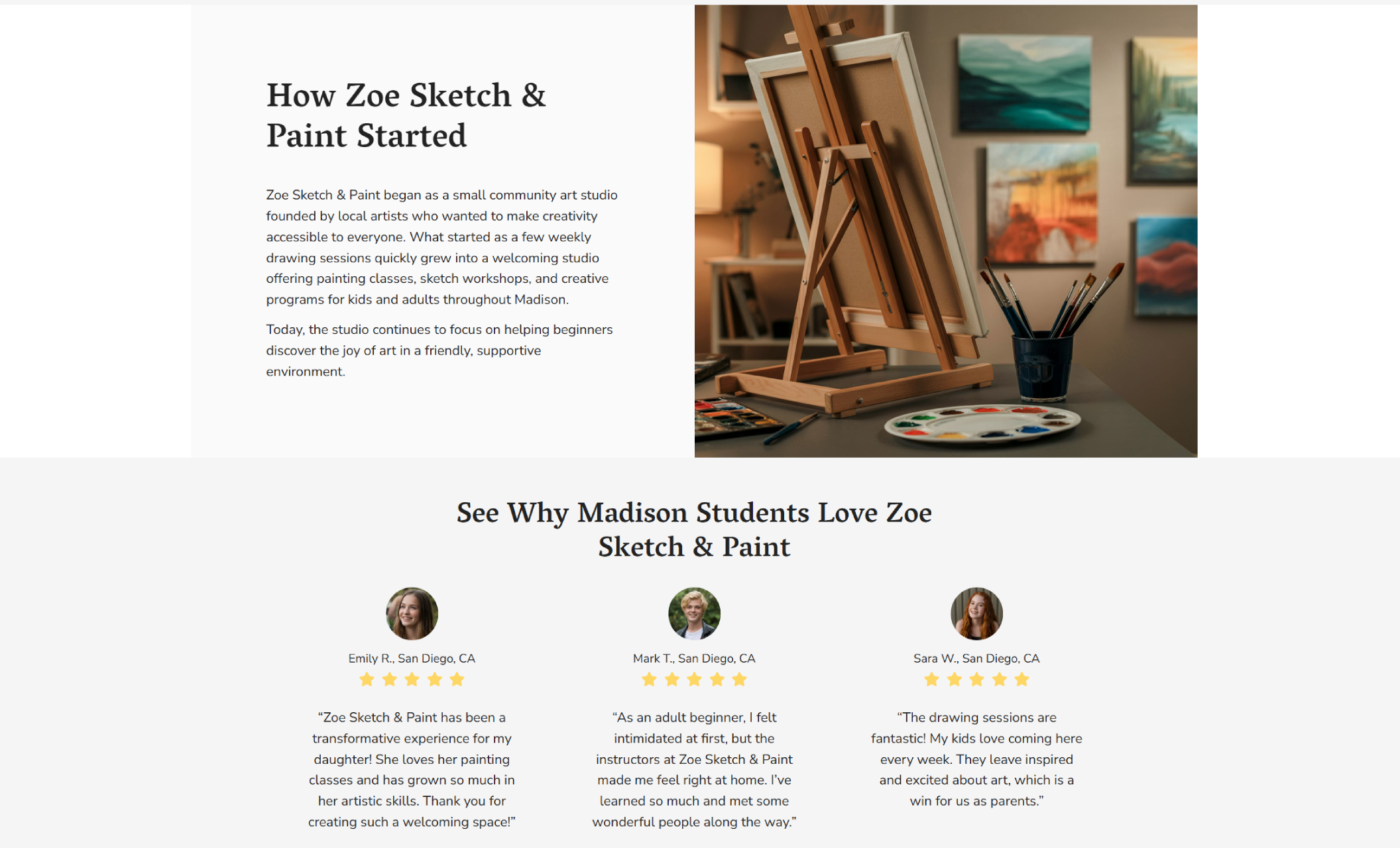 Zoe Sketch & Paint website section featuring studio story text beside an easel setup with paint palette, brushes, and framed landscape artwork on a softly lit wall