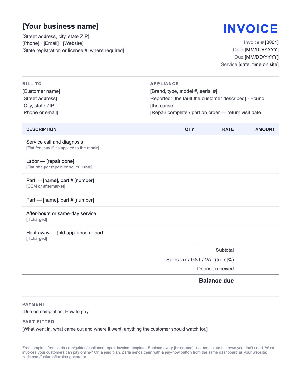 Free Appliance Repair Invoice Template — the blank fill-in invoice as it downloads, with [bracketed] lines to replace