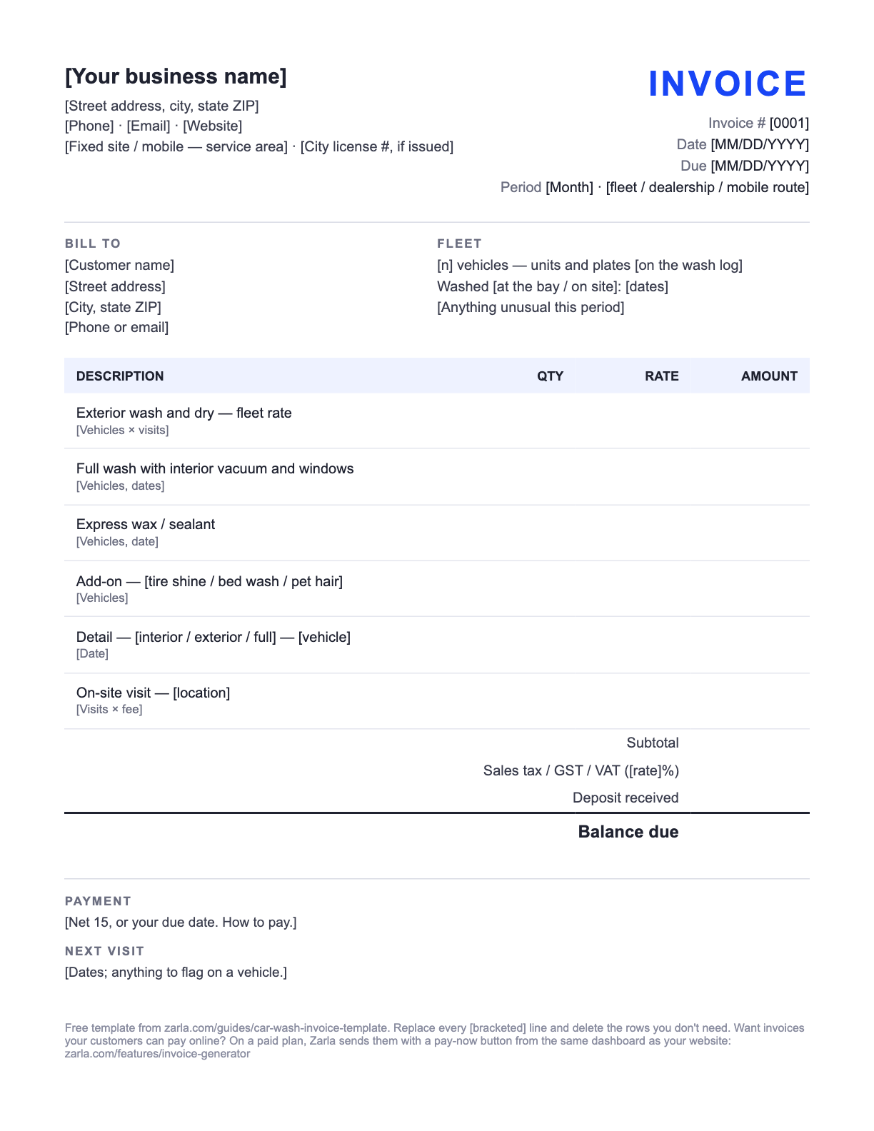 Free Car Wash Invoice Template — the blank fill-in invoice as it downloads, with [bracketed] lines to replace