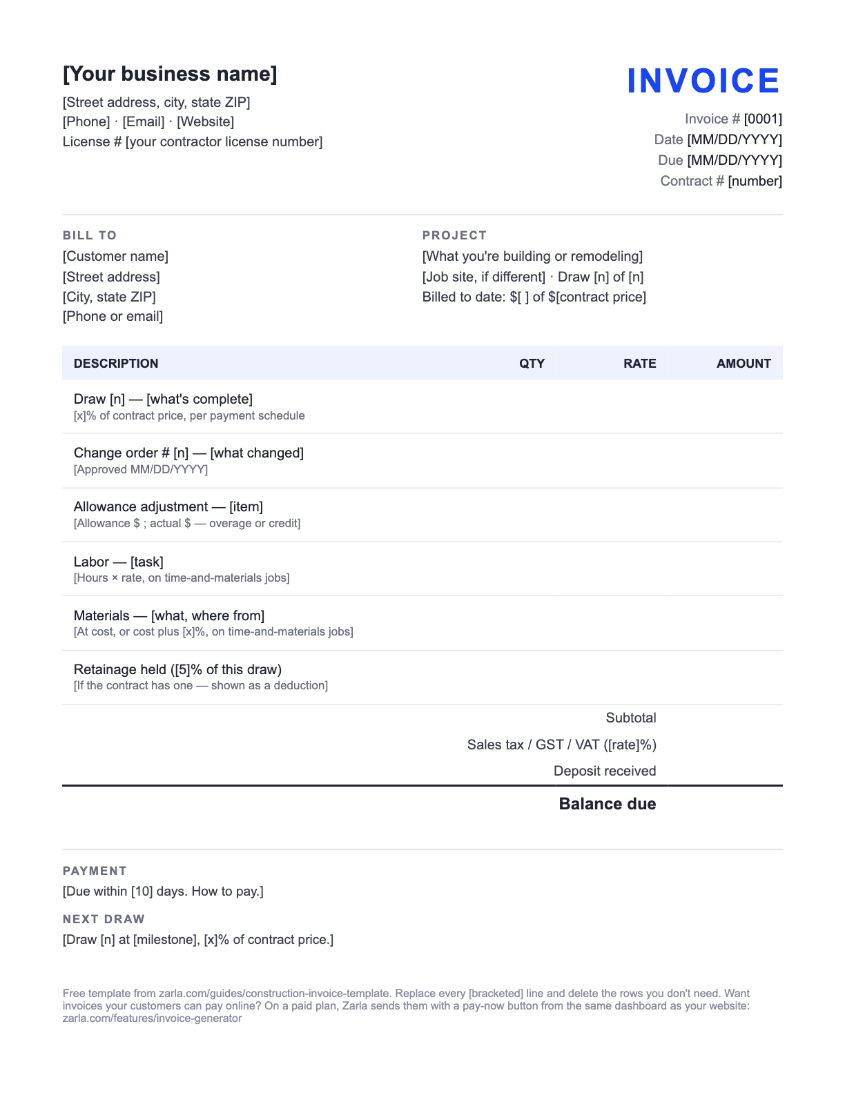 Free Construction Invoice Template — the blank fill-in invoice as it downloads, with [bracketed] lines to replace