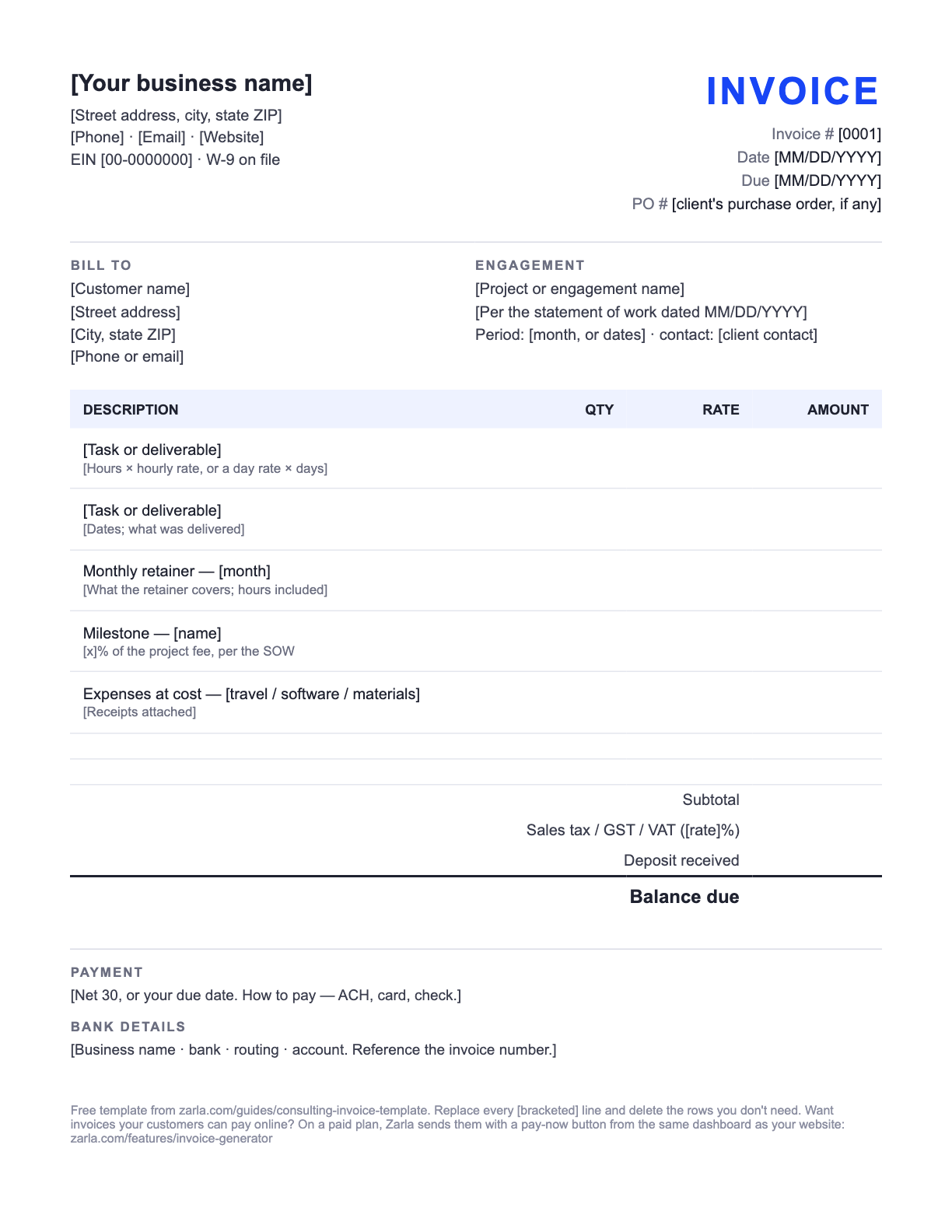Free Consulting Invoice Template — the blank fill-in invoice as it downloads, with [bracketed] lines to replace