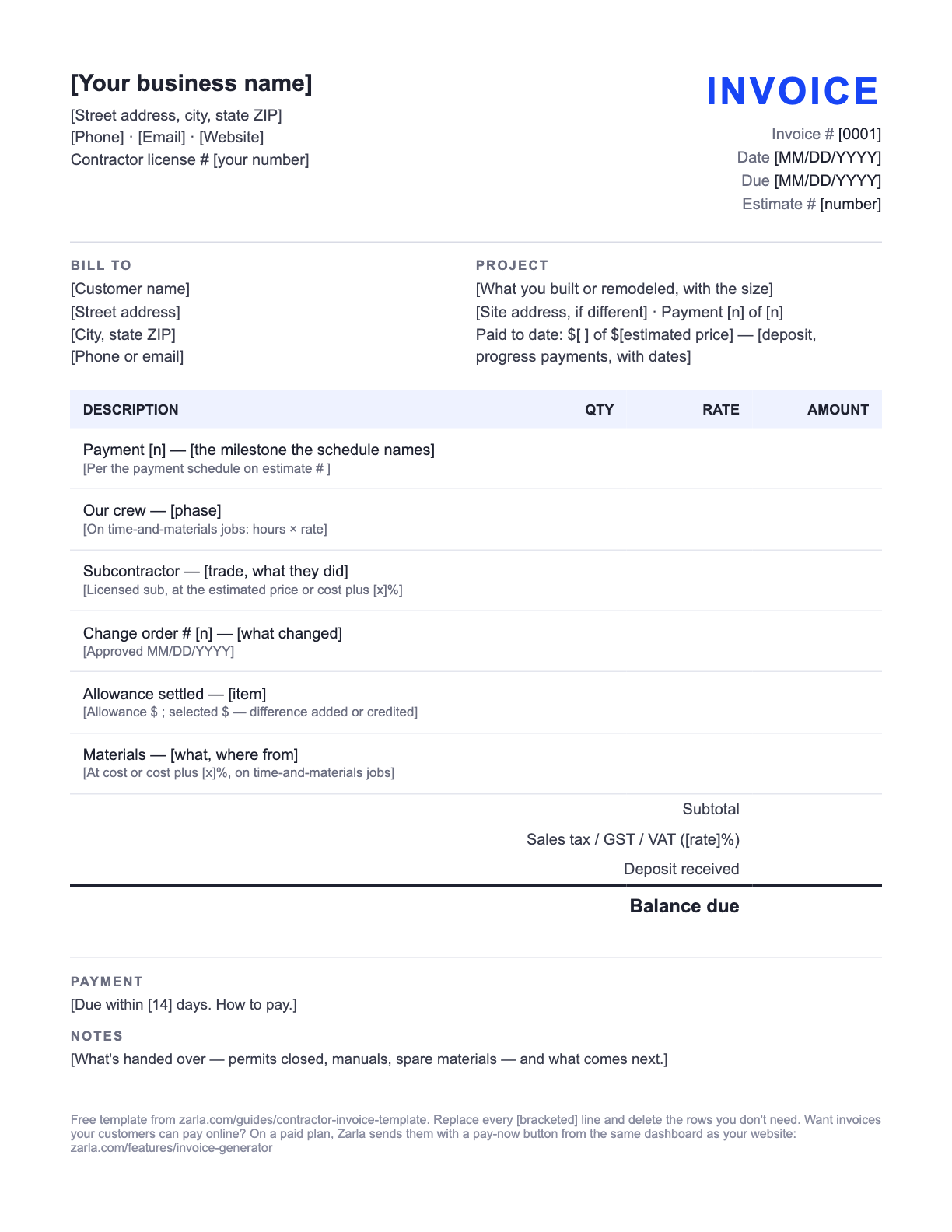 Free Contractor Invoice Template — the blank fill-in invoice as it downloads, with [bracketed] lines to replace