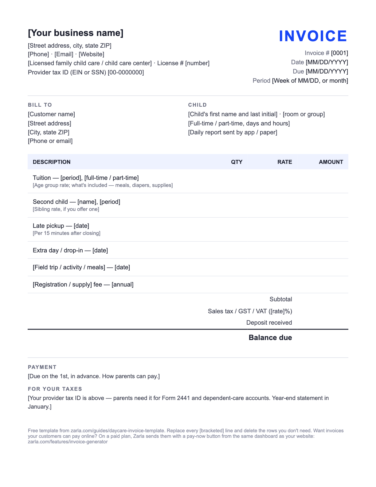 Free Daycare Invoice Template — the blank fill-in invoice as it downloads, with [bracketed] lines to replace