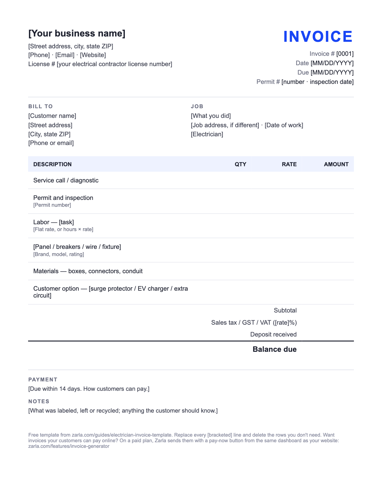 Free Electrician Invoice Template — the blank fill-in invoice as it downloads, with [bracketed] lines to replace