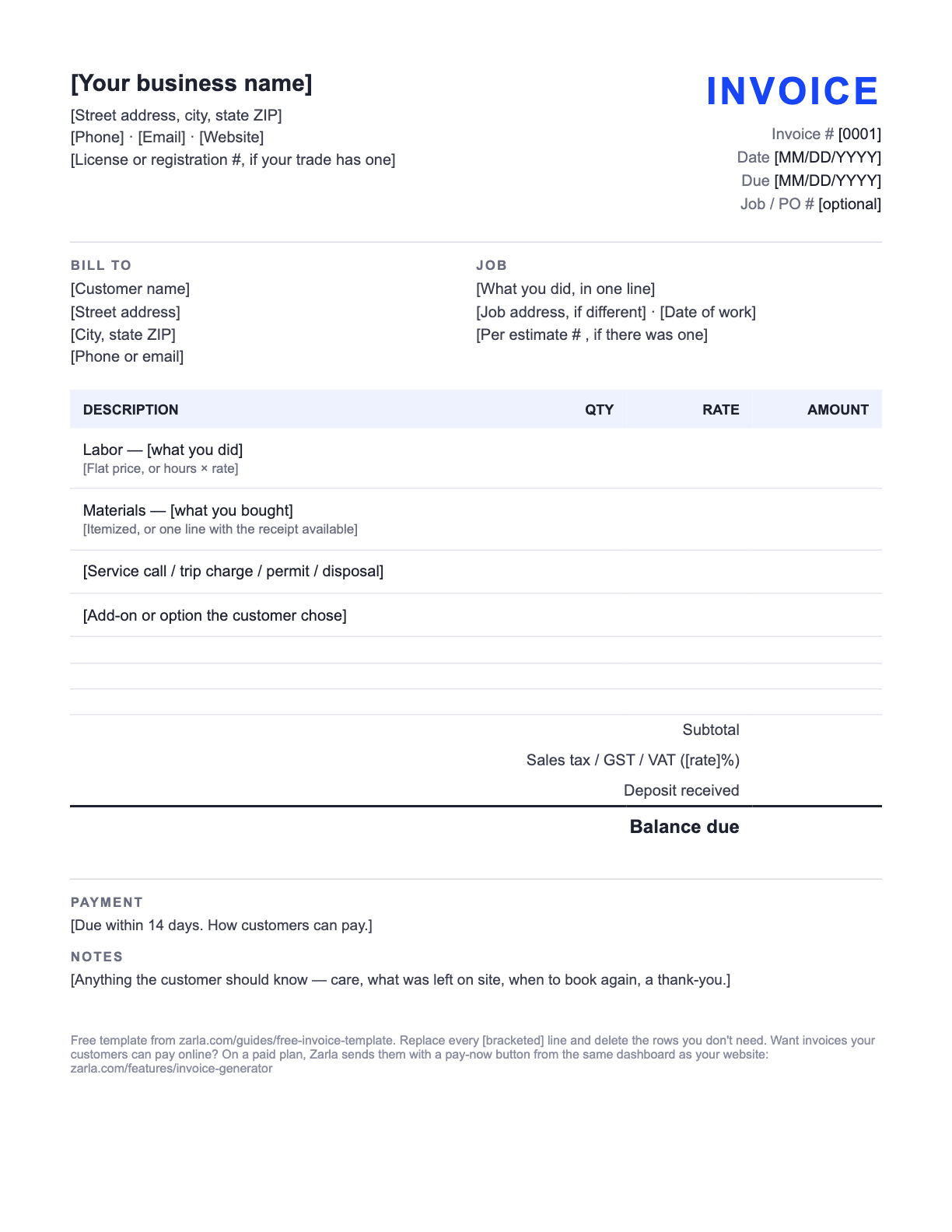 Free Invoice Template — the blank fill-in invoice as it downloads, with [bracketed] lines to replace
