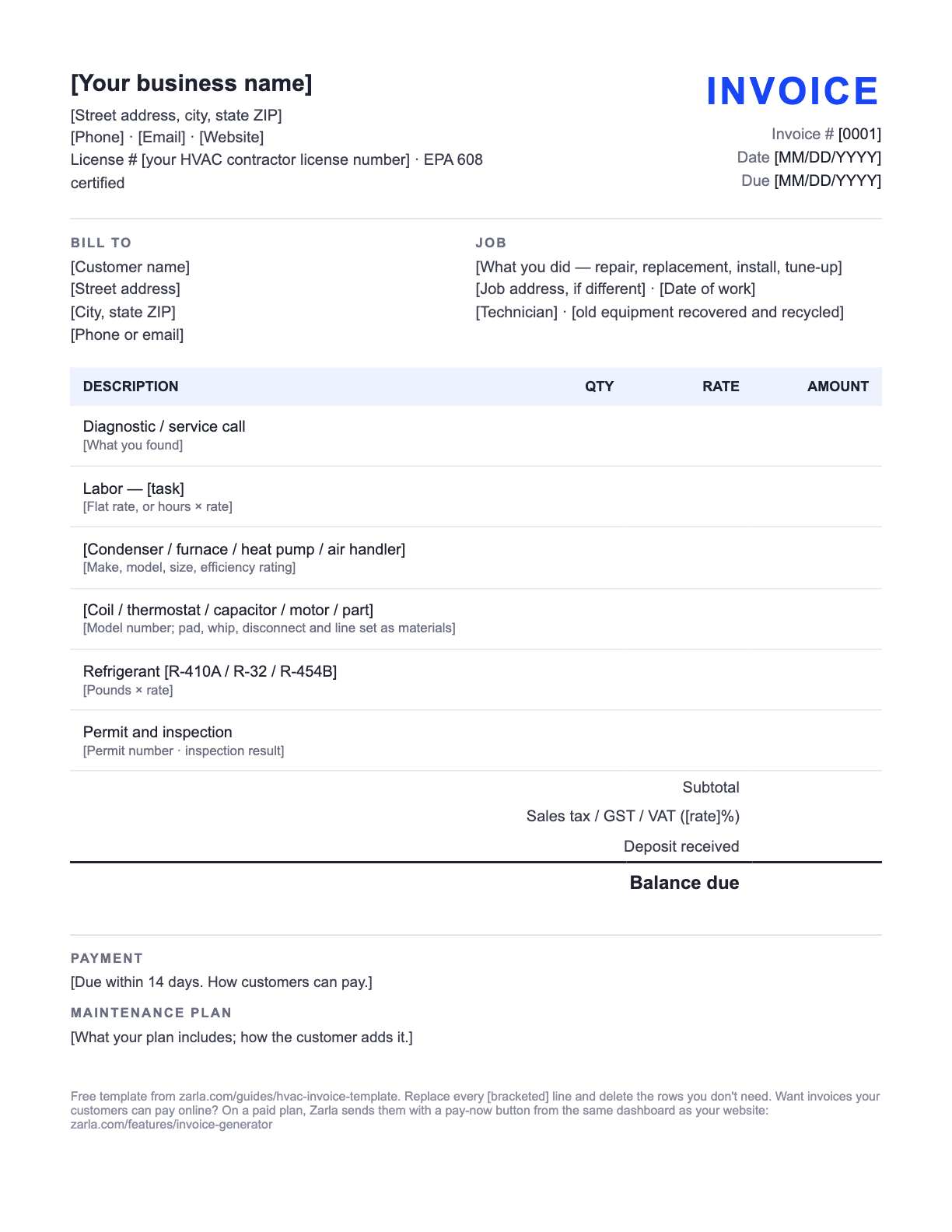 Free HVAC Invoice Template — the blank fill-in invoice as it downloads, with [bracketed] lines to replace