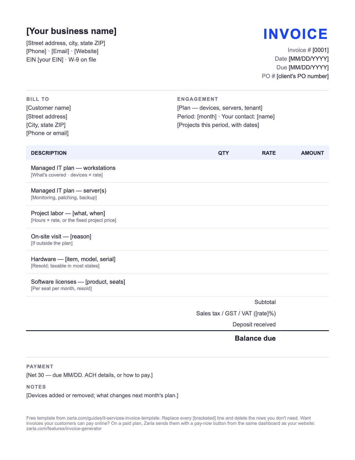 Free IT Services Invoice Template — the blank fill-in invoice as it downloads, with [bracketed] lines to replace
