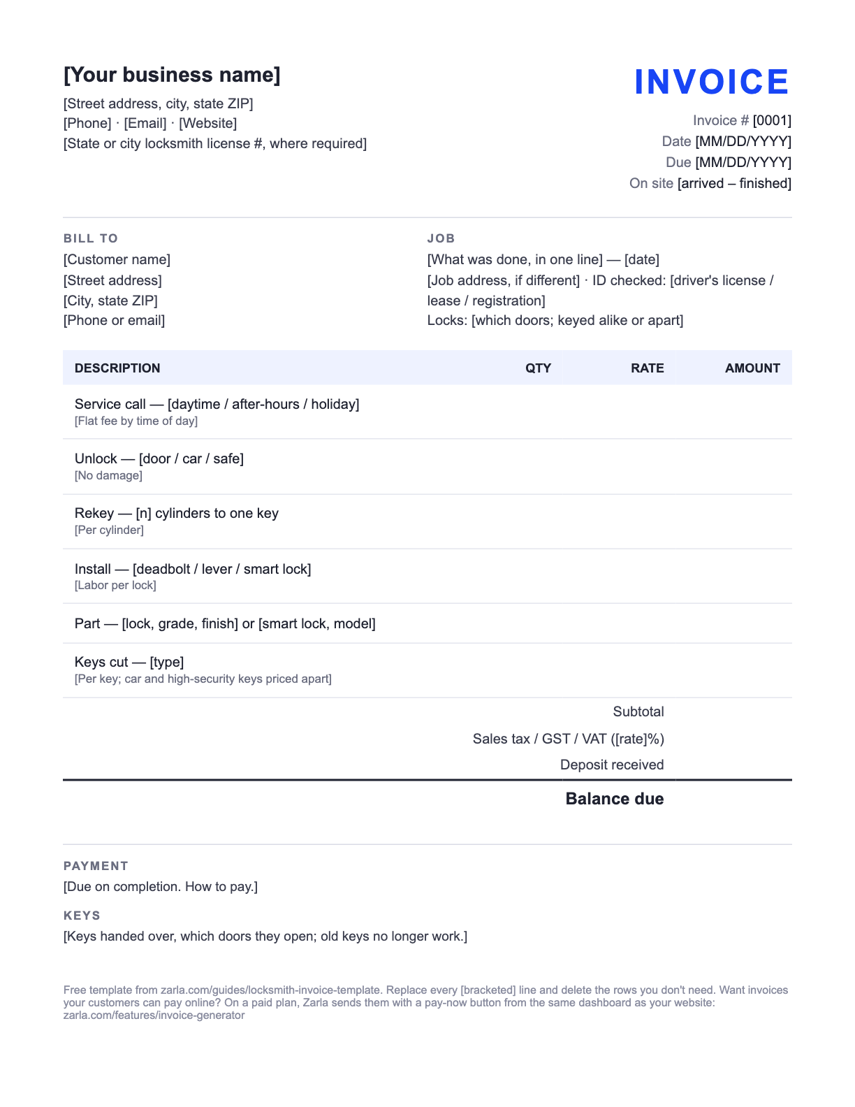 Free Locksmith Invoice Template — the blank fill-in invoice as it downloads, with [bracketed] lines to replace