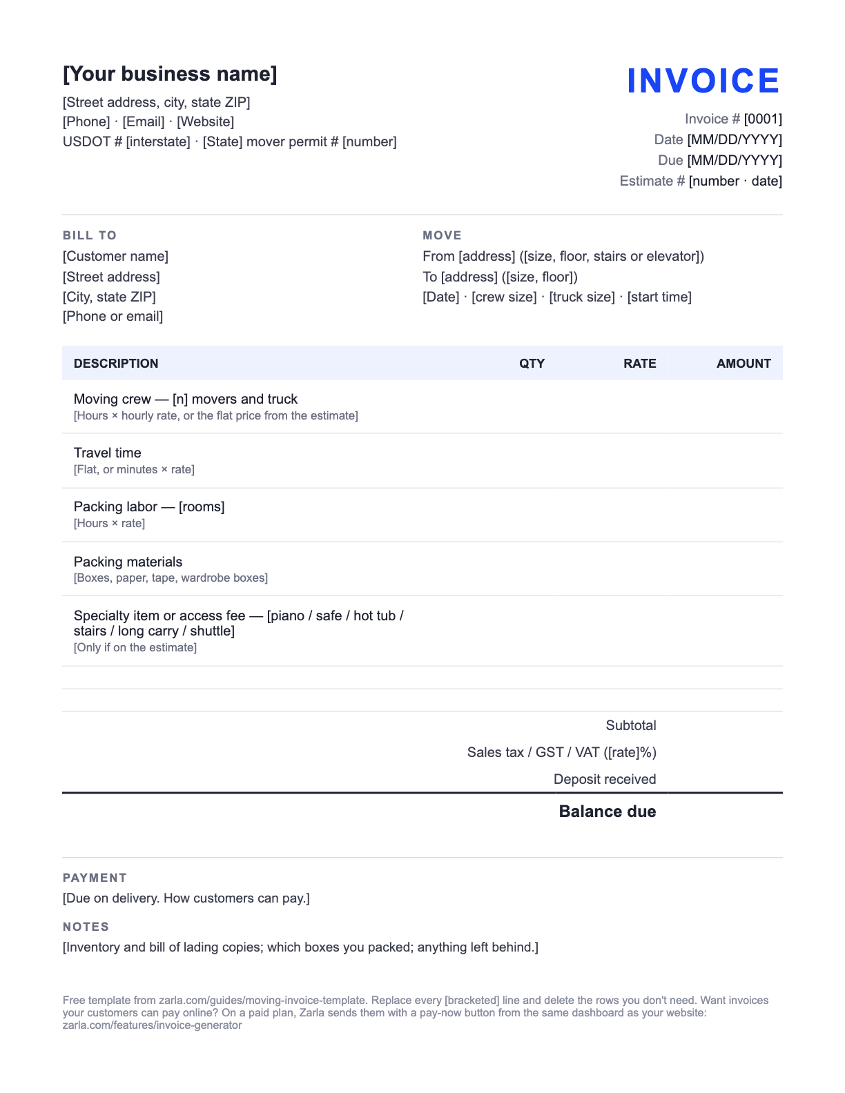 Free Moving Invoice Template — the blank fill-in invoice as it downloads, with [bracketed] lines to replace