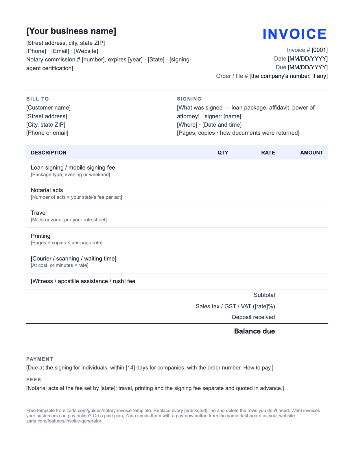 Free Notary Invoice Template — the blank fill-in invoice as it downloads, with [bracketed] lines to replace
