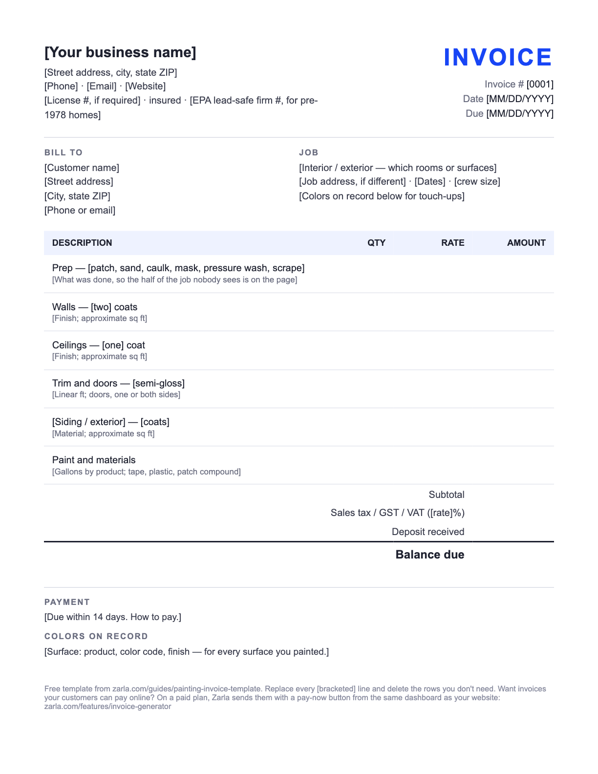 Free Painting Invoice Template — the blank fill-in invoice as it downloads, with [bracketed] lines to replace