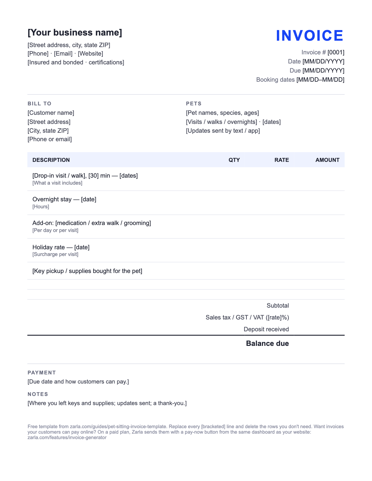 Free Pet Sitting Invoice Template — the blank fill-in invoice as it downloads, with [bracketed] lines to replace
