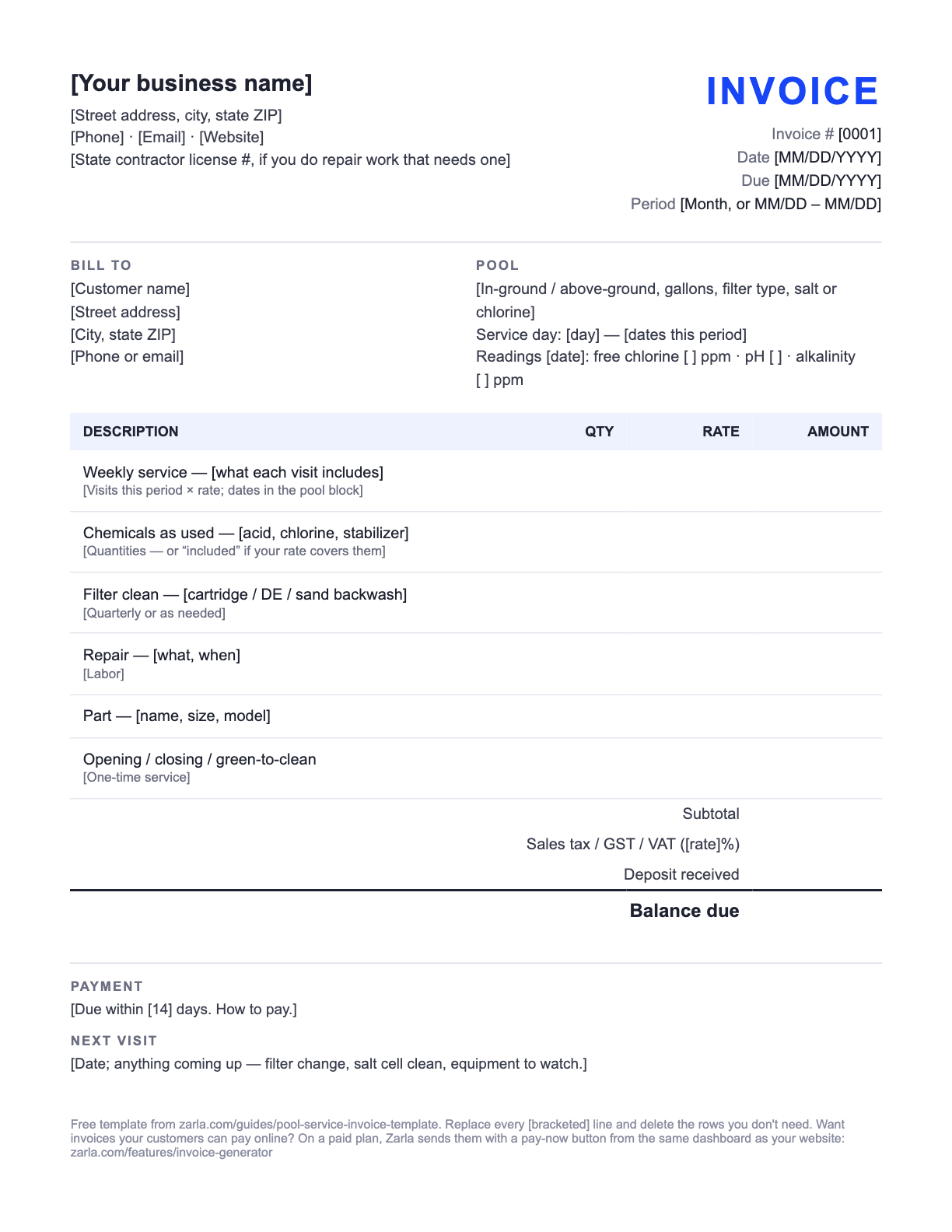 Free Pool Service Invoice Template — the blank fill-in invoice as it downloads, with [bracketed] lines to replace