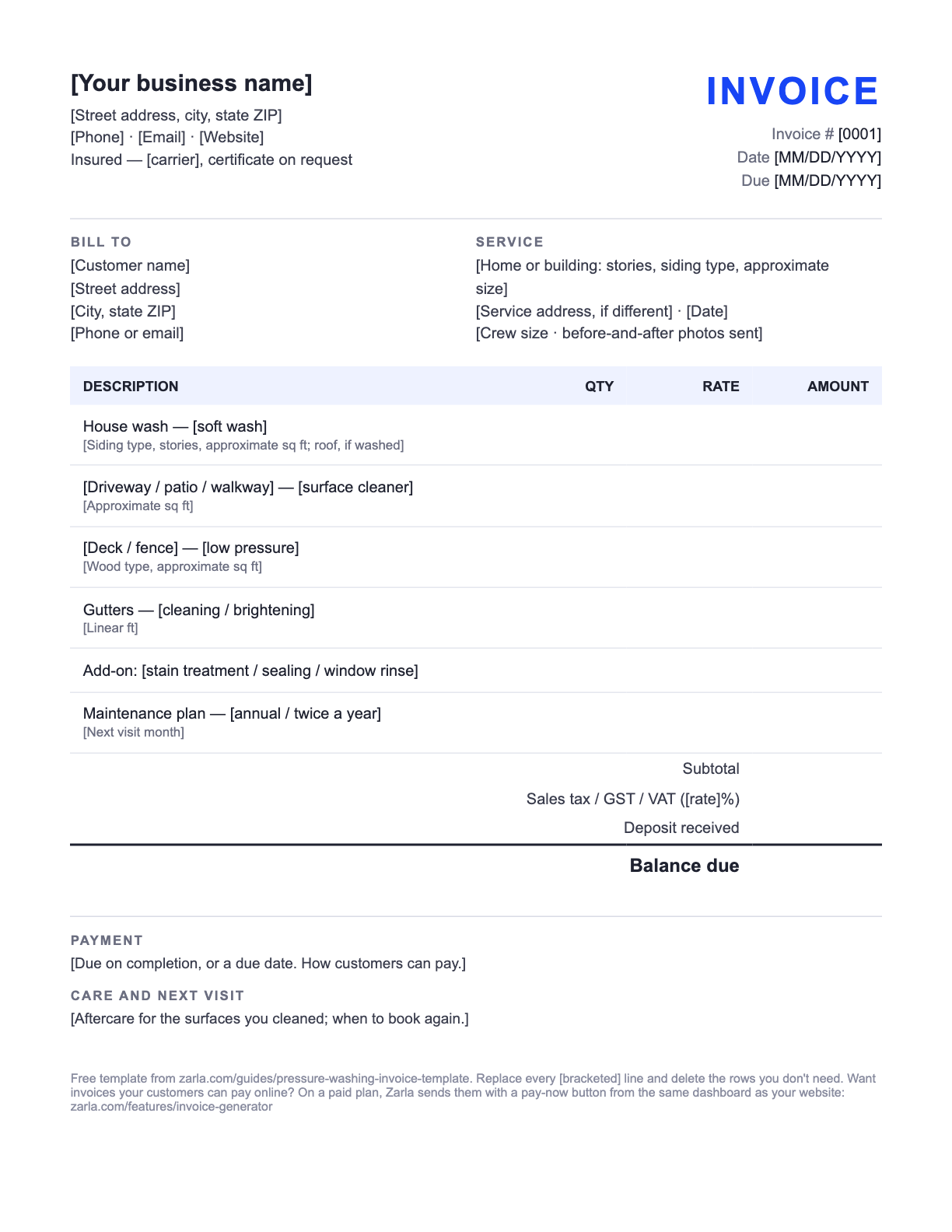 Free Pressure Washing Invoice Template — the blank fill-in invoice as it downloads, with [bracketed] lines to replace