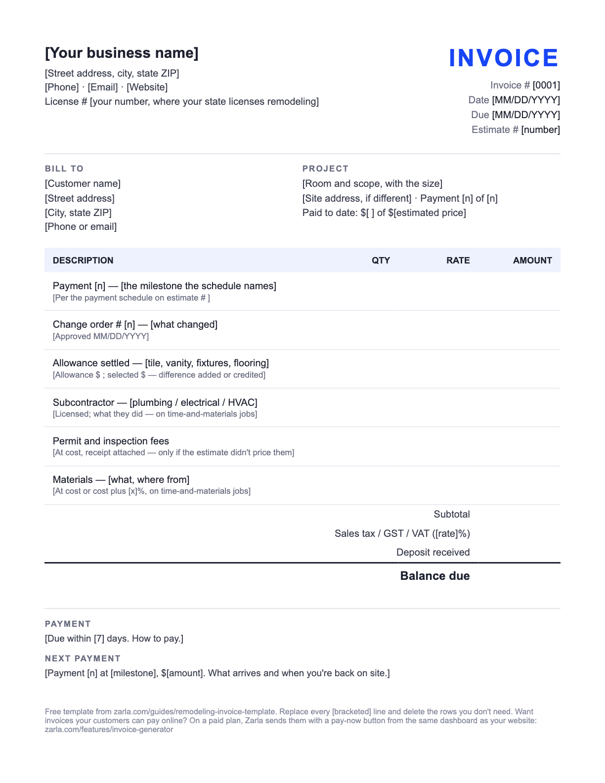 Free Remodeling Invoice Template — the blank fill-in invoice as it downloads, with [bracketed] lines to replace