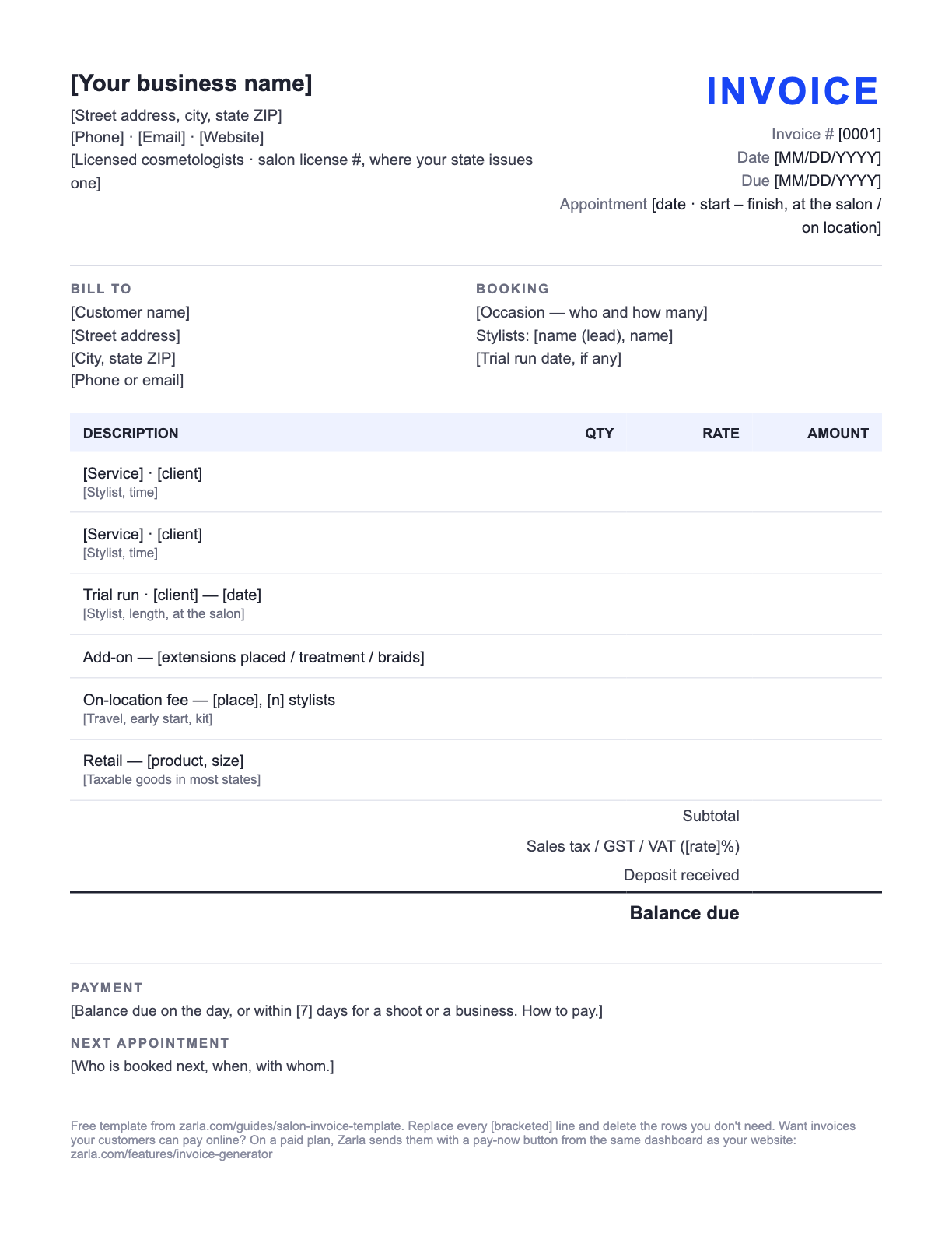 Free Salon Invoice Template — the blank fill-in invoice as it downloads, with [bracketed] lines to replace
