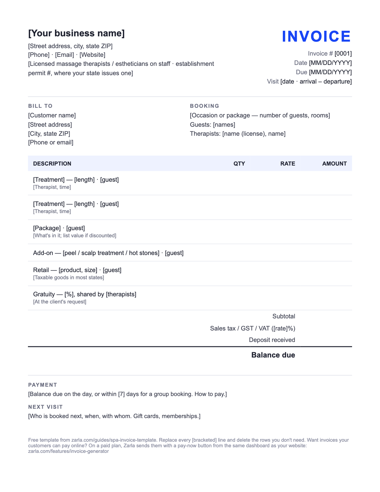 Free Spa Invoice Template — the blank fill-in invoice as it downloads, with [bracketed] lines to replace
