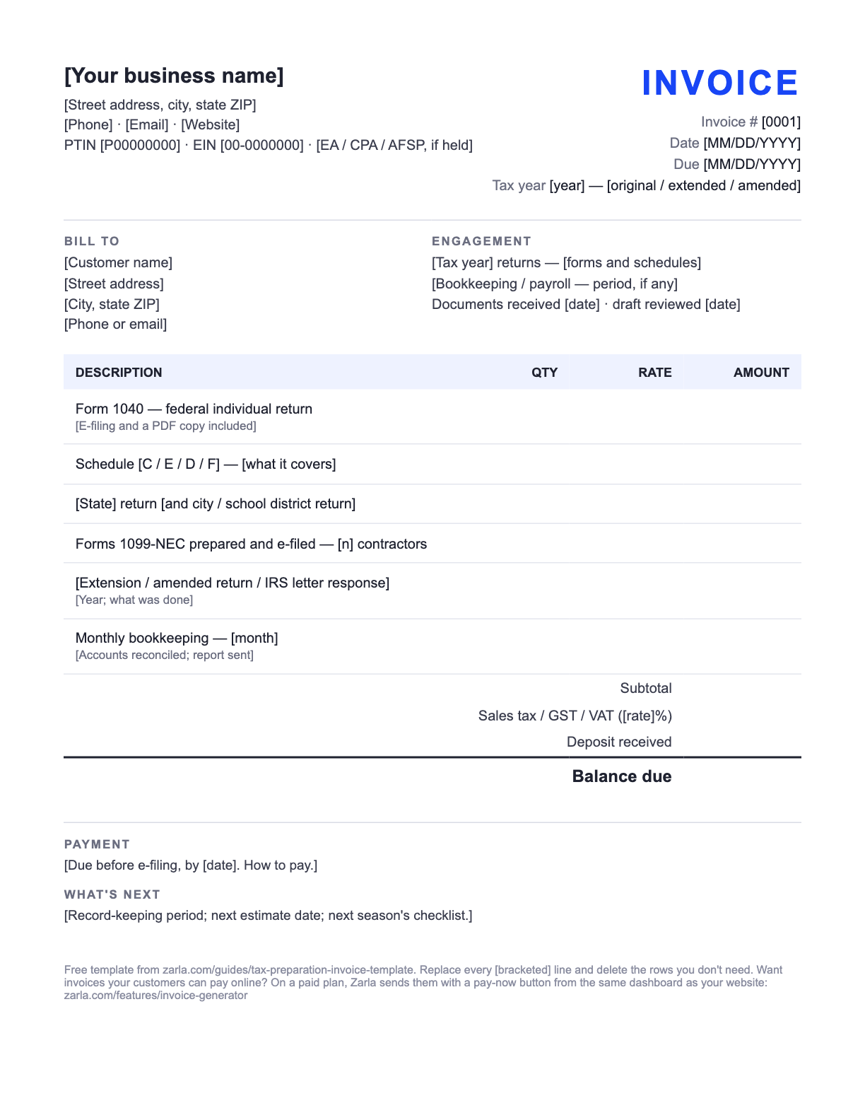 Free Tax Preparation Invoice Template — the blank fill-in invoice as it downloads, with [bracketed] lines to replace