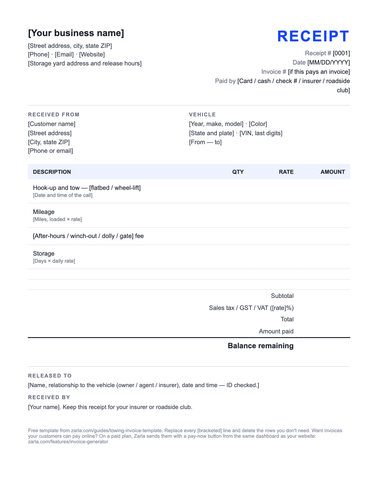 Free Tow Receipt Template — the blank fill-in tow receipt as it downloads, with [bracketed] lines to replace