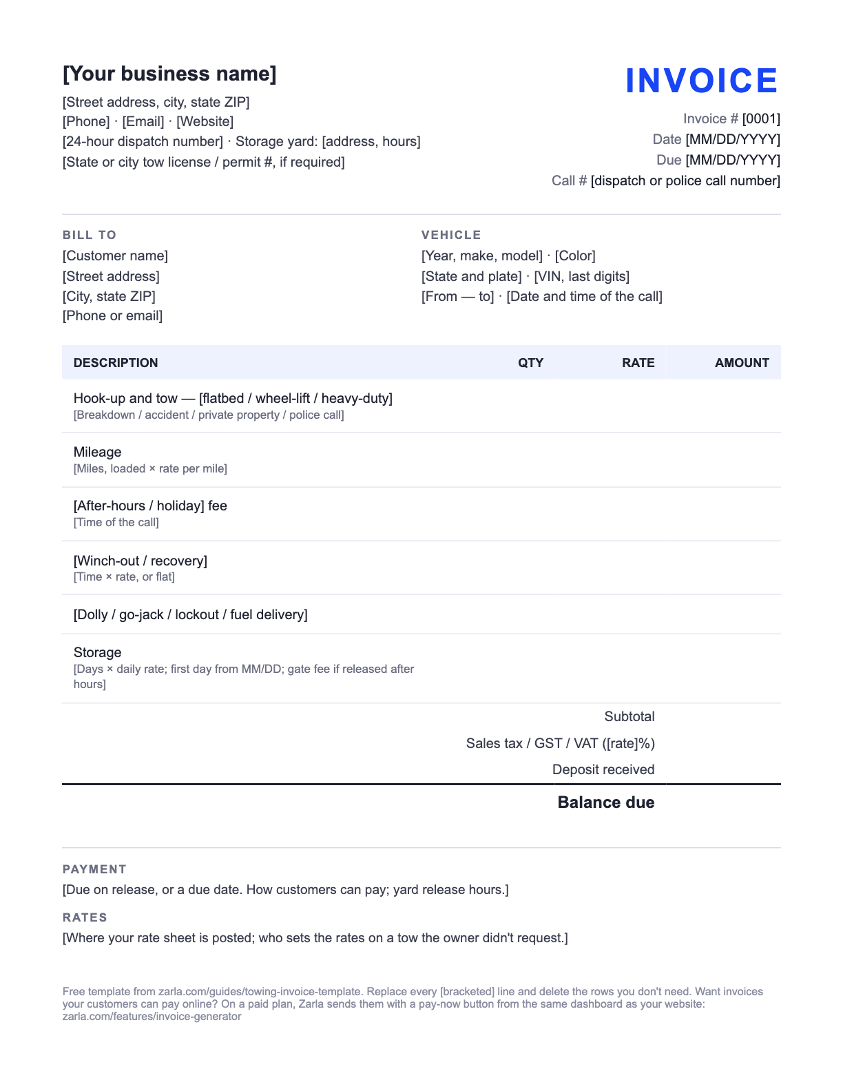 Free Towing Invoice Template + Tow Receipt — the blank fill-in invoice as it downloads, with [bracketed] lines to replace