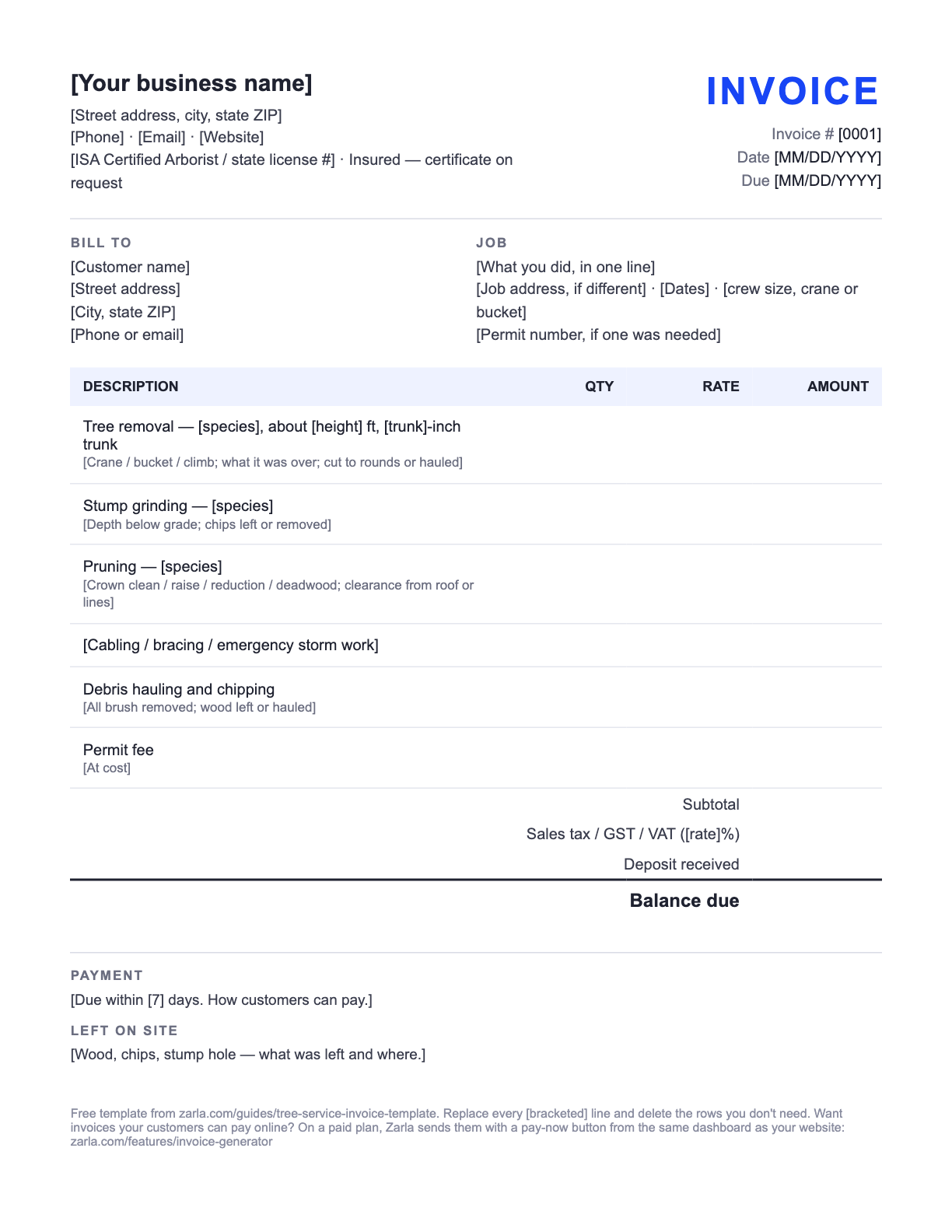 Free Tree Service Invoice Template — the blank fill-in invoice as it downloads, with [bracketed] lines to replace