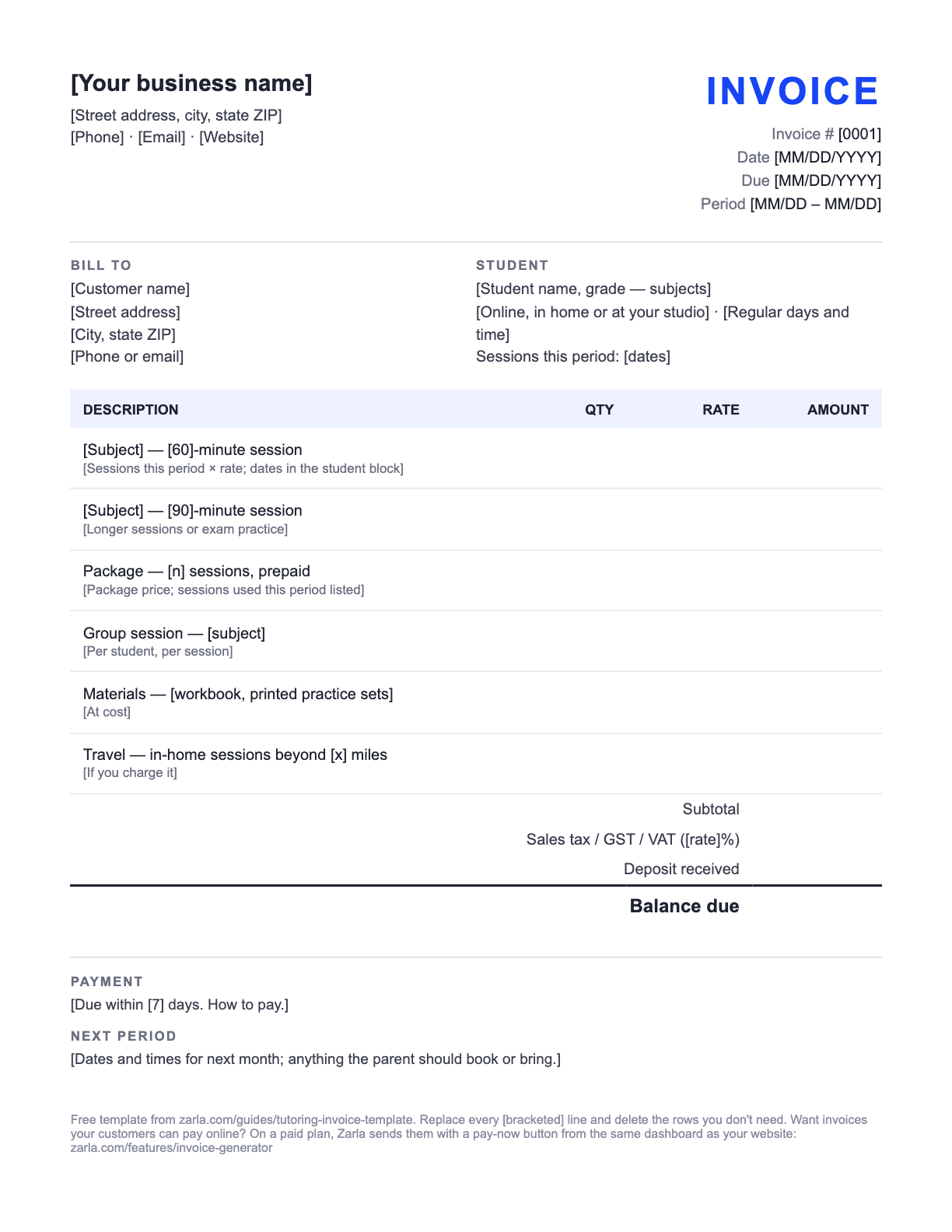 Free Tutoring Invoice Template — the blank fill-in invoice as it downloads, with [bracketed] lines to replace