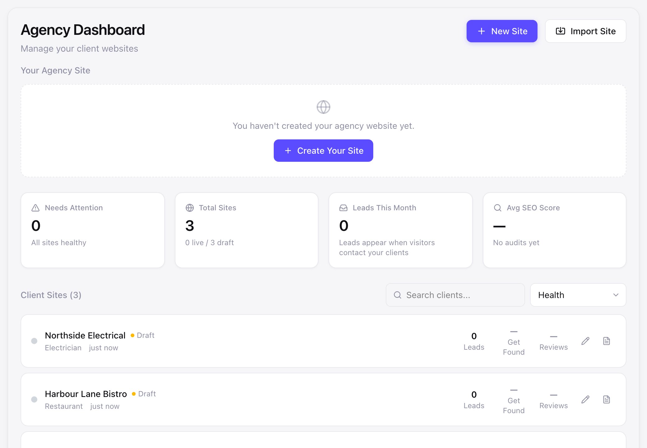 The Zarla agency dashboard, shown with demo data: client sites with a health indicator, leads this month and an SEO score each, plus New Site and Import Site buttons
