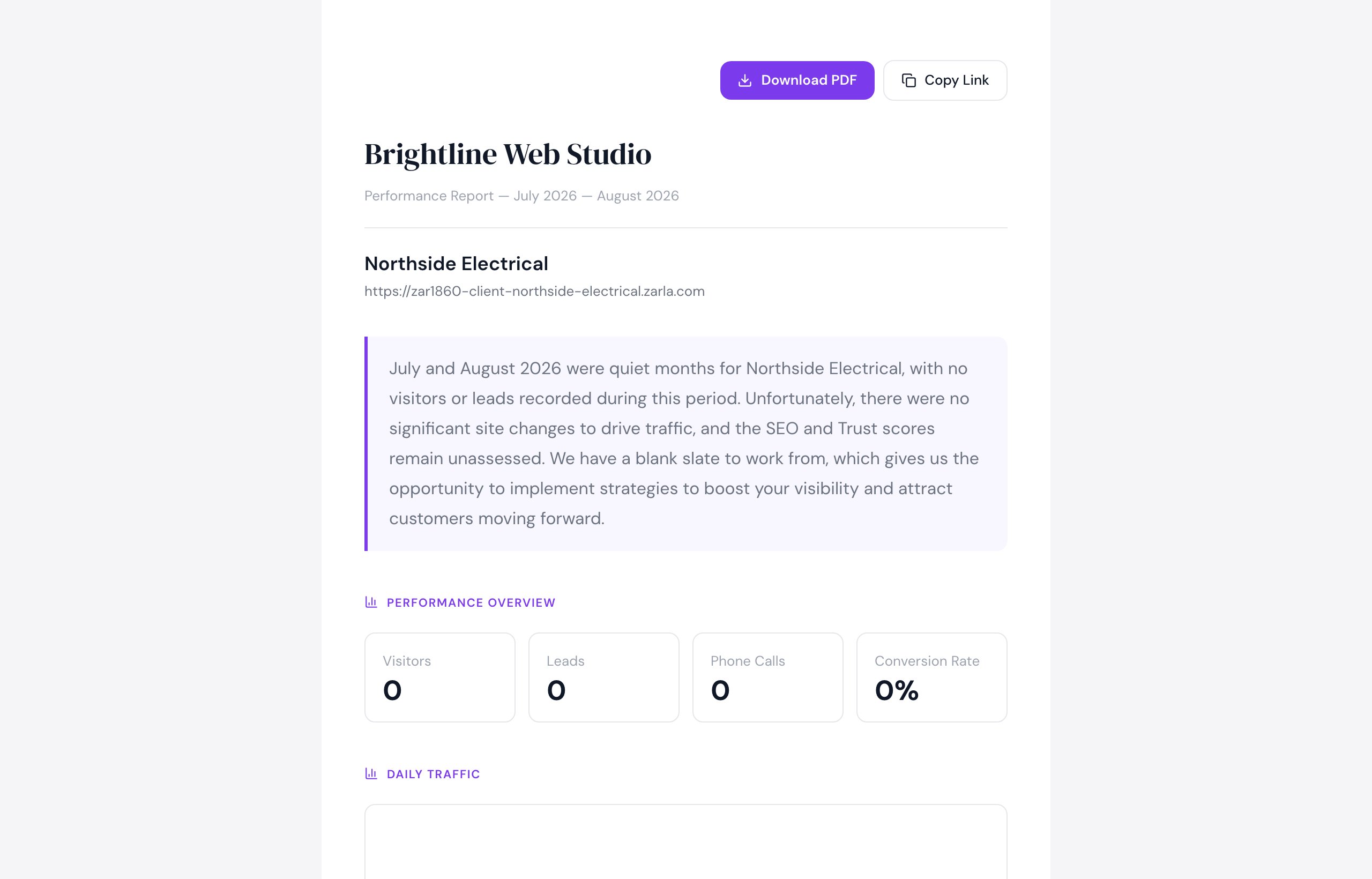 A Zarla client report for a demo agency: the written summary, the performance overview and daily traffic, with Download PDF and Copy Link buttons