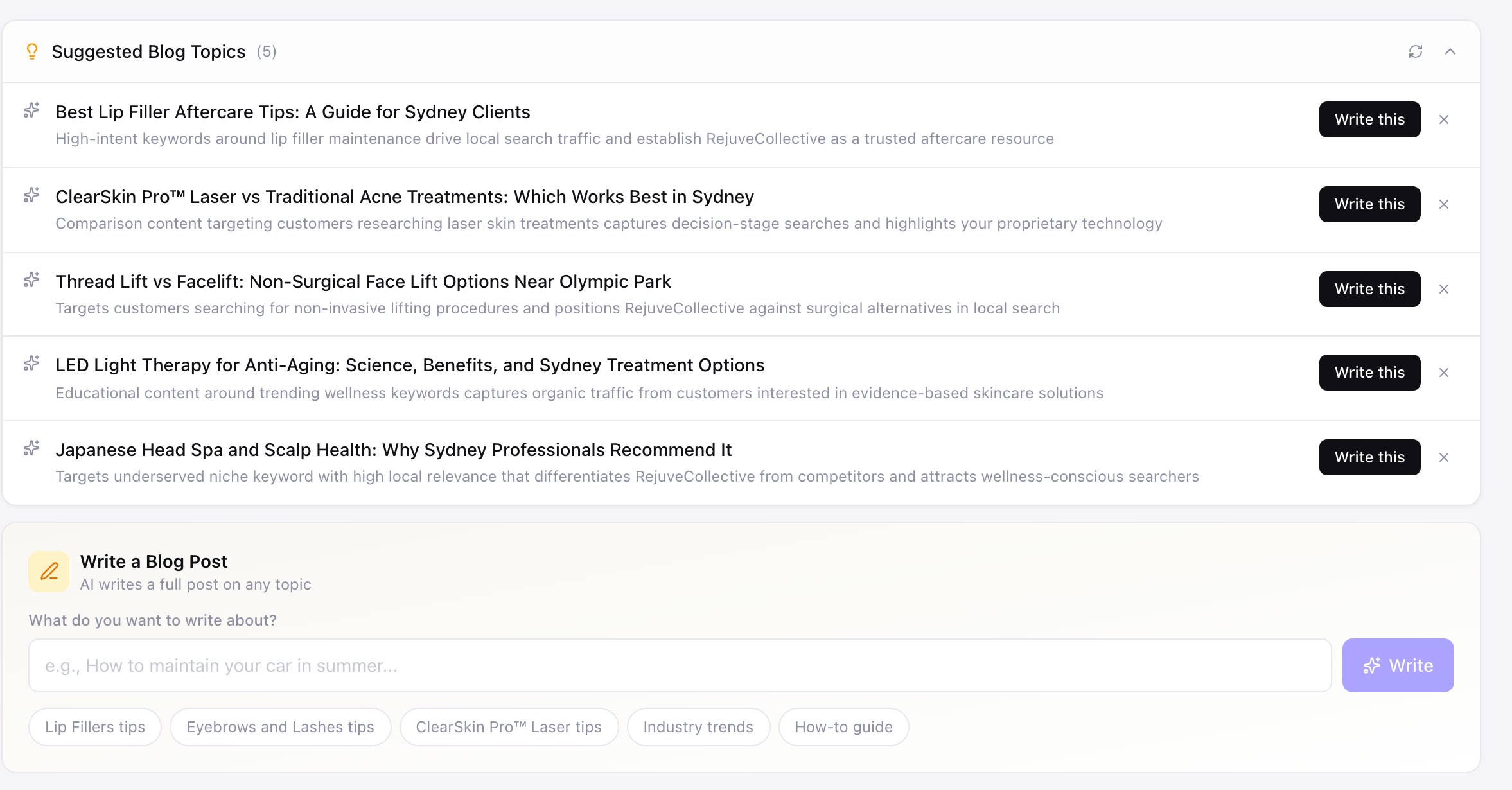 Zarla's AI blog writer — five suggested local blog topics with Write This buttons, and a prompt box where AI writes a full post on any topic