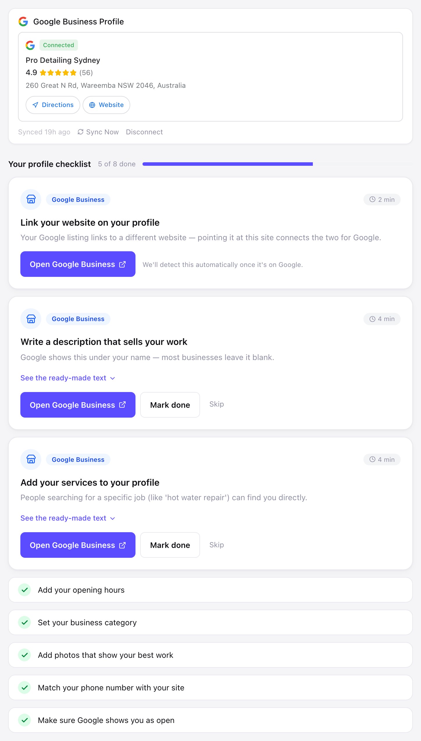 Zarla's Google Business checklist — a connected 4.9-star profile synced from Google, 5 of 8 items auto-verified green, and a flagged catch: the listing links to a different website