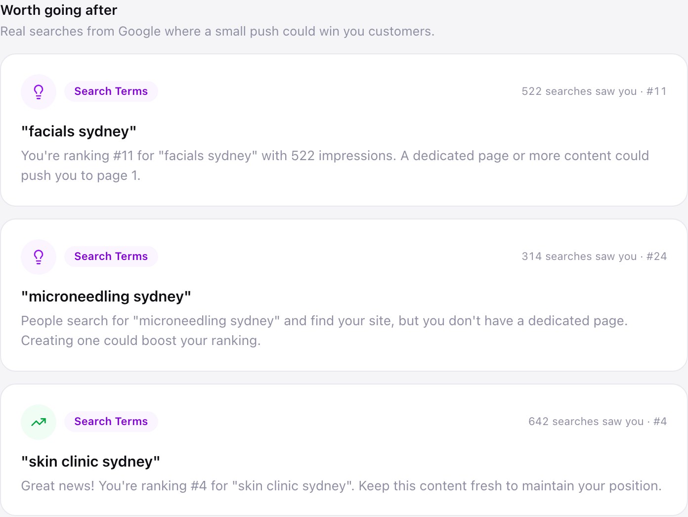 Zarla's Worth Going After cards — real Search Console opportunities: ranking #11 for facials sydney, a missing microneedling page worth creating, and a #4 ranking win