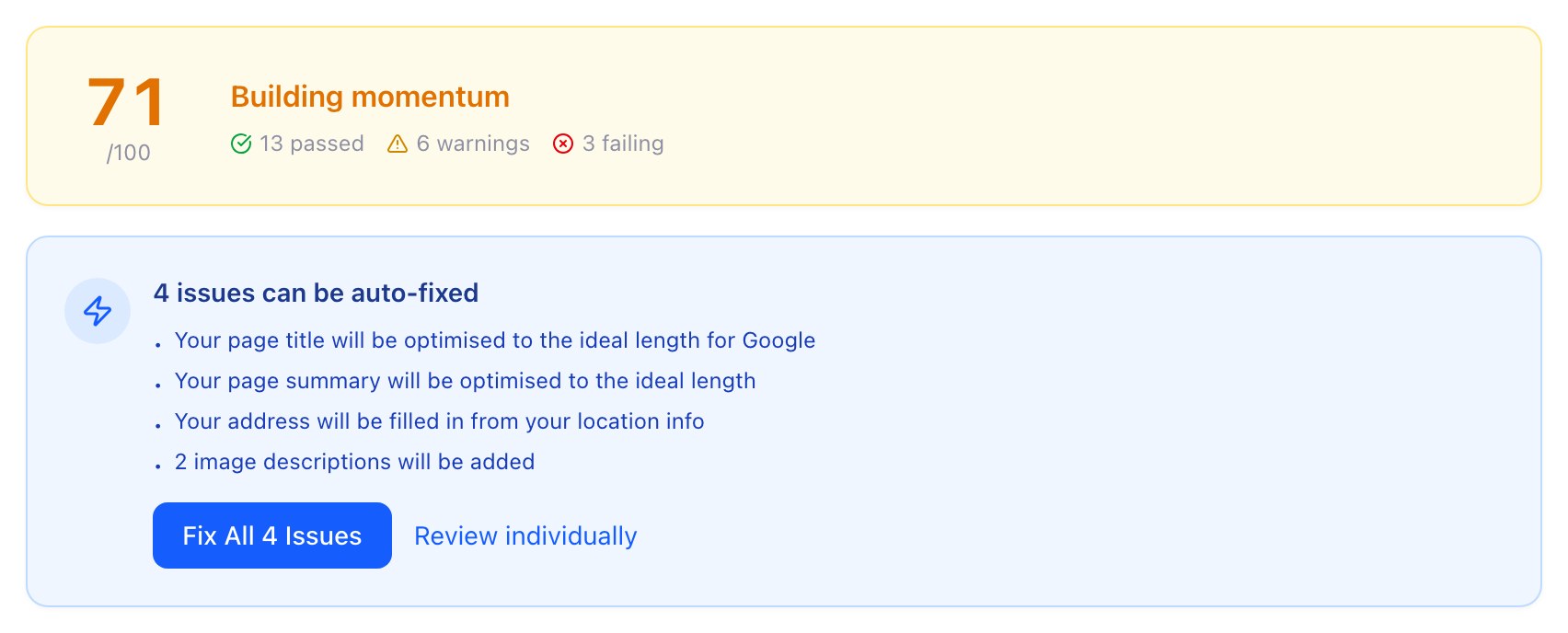 Zarla Website Health — a 71/100 score with 13 passed checks, and a Fix All 5 Issues button for the auto-fixable problems