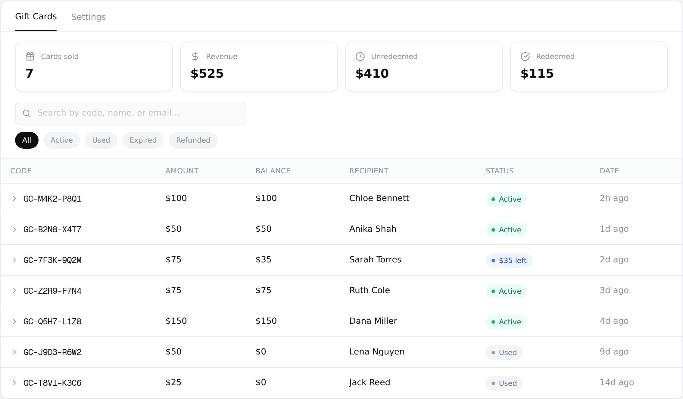 Zarla's gift card dashboard showing sold gift cards with statuses, balances and sales stats