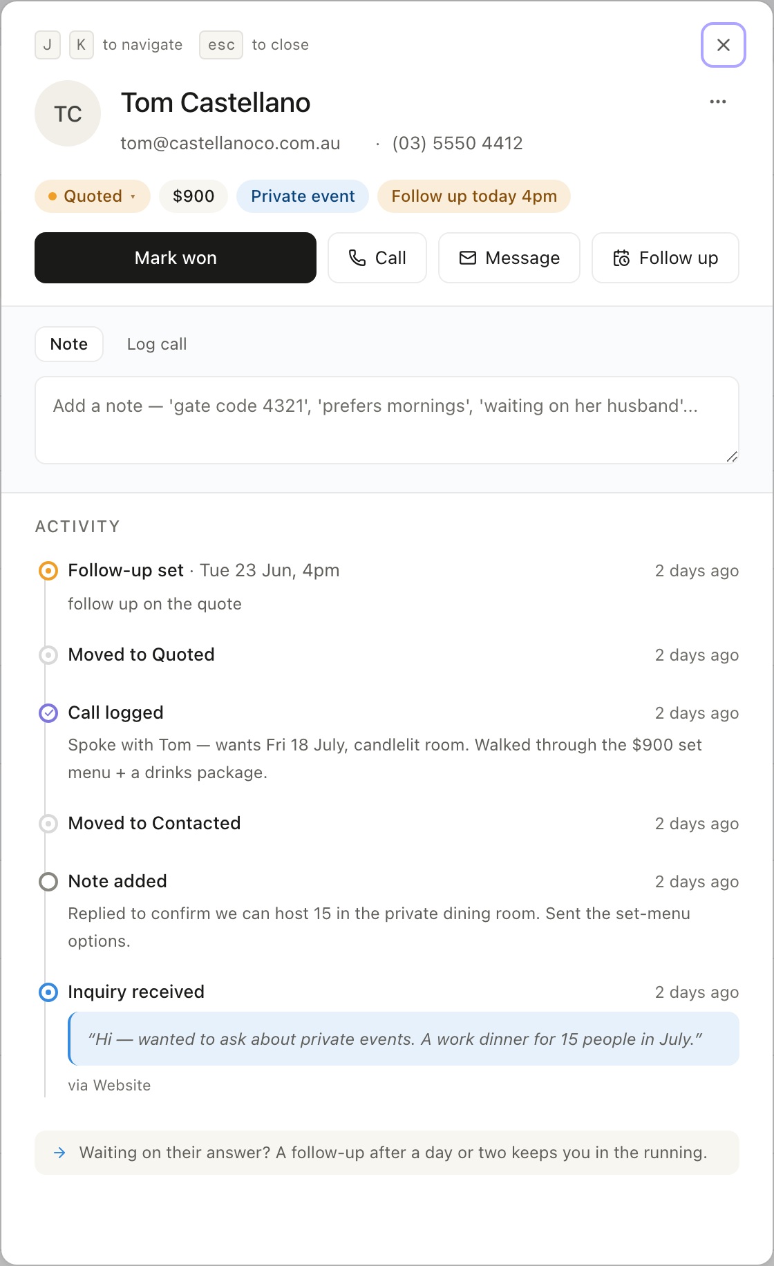 A lead opened in the Zarla CRM showing contact details, a Mark won button, a Note / Log call composer, and a full activity timeline — follow-up set, moved to quoted, call logged, note added, and the original enquiry.