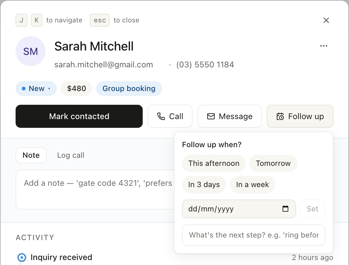 The follow-up scheduler open on a lead in the Zarla CRM, with one-tap presets for this afternoon, tomorrow, in 3 days and in a week, plus a date picker and a note field.