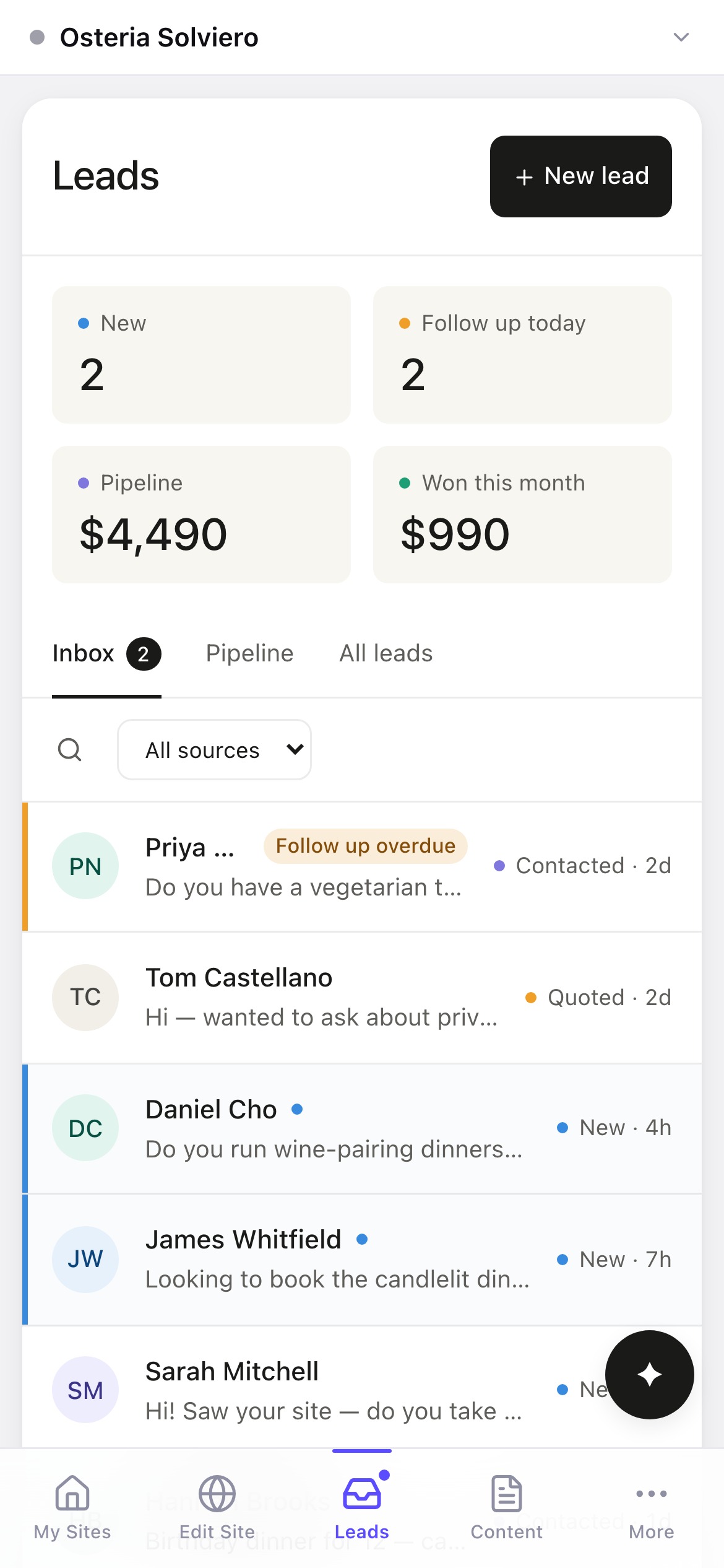 The Zarla CRM inbox on a phone — stat tiles for new leads, follow-ups due, pipeline value and won this month, then a hottest-first list of leads with an overdue follow-up at the top and a bottom navigation bar.