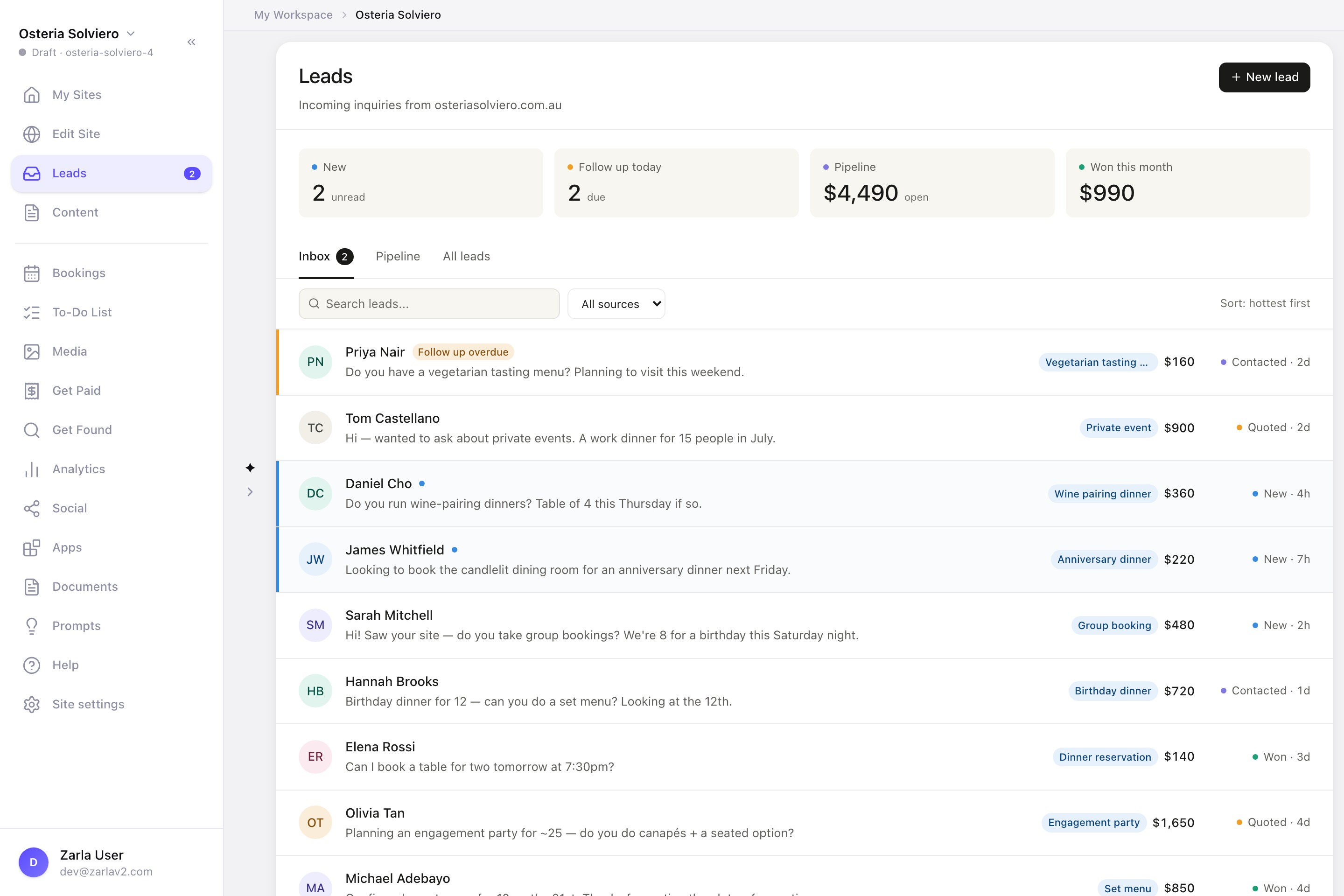 The Zarla CRM inbox — leads sorted hottest-first, with stat tiles for new leads, follow-ups due, open pipeline value and won this month, and colored urgency stripes on overdue and unread leads