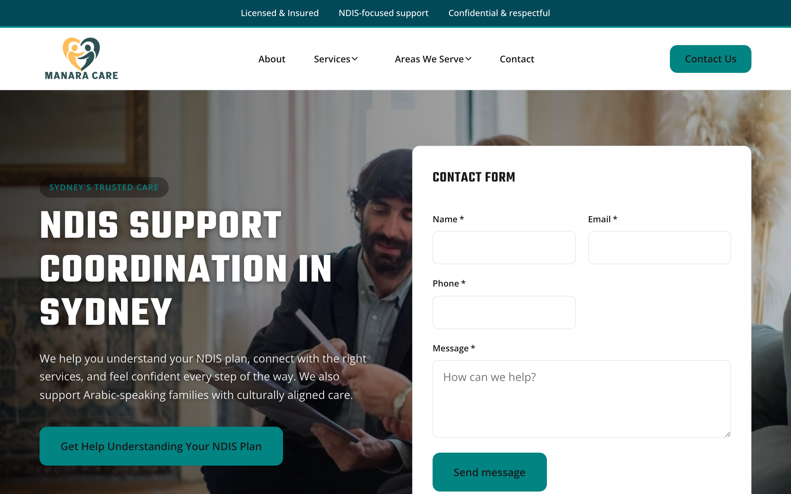 A live Zarla-built customer website at manaracare.com.au — a Sydney roofing business with hero photo, navigation, services section and contact form, all generated by Zarla's AI and hosted free on Google Cloud