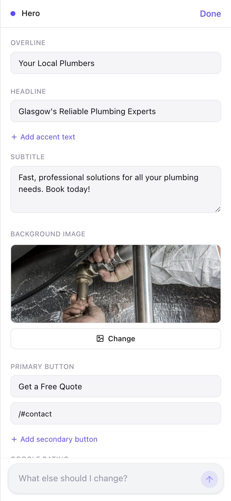 The Zarla mobile editor — Hero block property panel showing OVERLINE, HEADLINE, PRIMARY BUTTON, SECONDARY BUTTON, GOOGLE RATING, and TRUST BADGES form fields with an 'Ask AI to make changes' chat input at the bottom