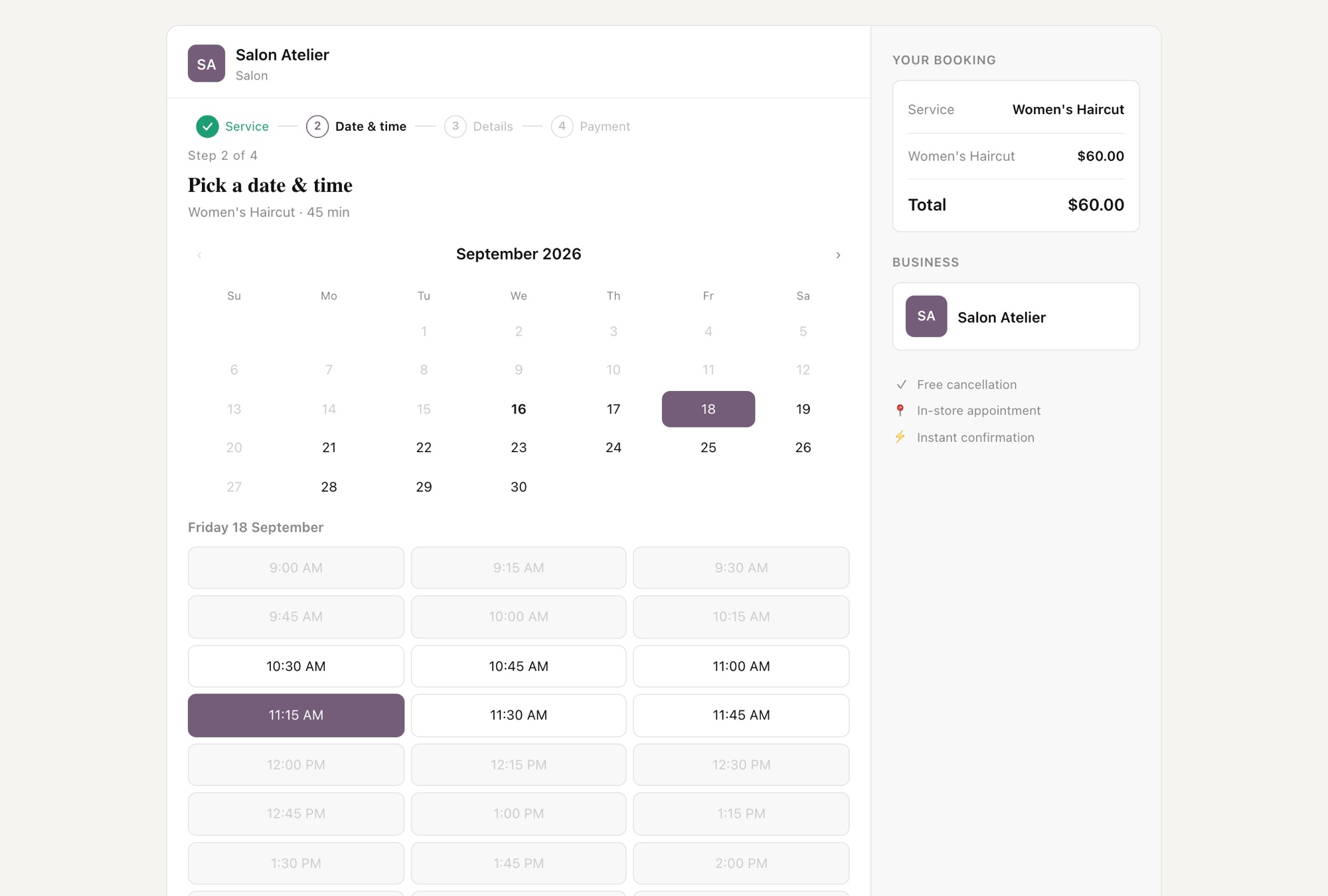 A live Zarla booking page for a salon at the Pick a date & time step — a September calendar with Friday 18 selected, real free time slots, and a Your booking panel showing Women's Haircut $60