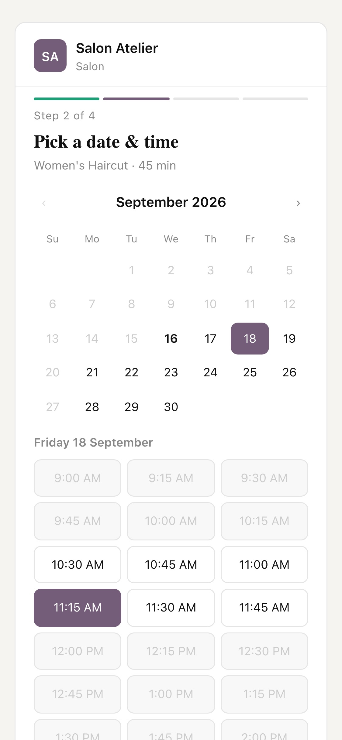 A live Zarla booking page on a phone at the Pick a date & time step — September calendar with Friday 18 selected and the 11:15 AM slot highlighted