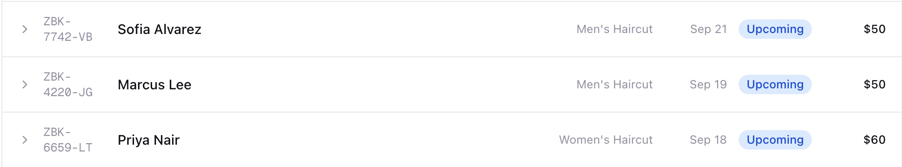 The Bookings list in a Zarla dashboard — three upcoming bookings with their ZBK references, customer names, services, dates and prices